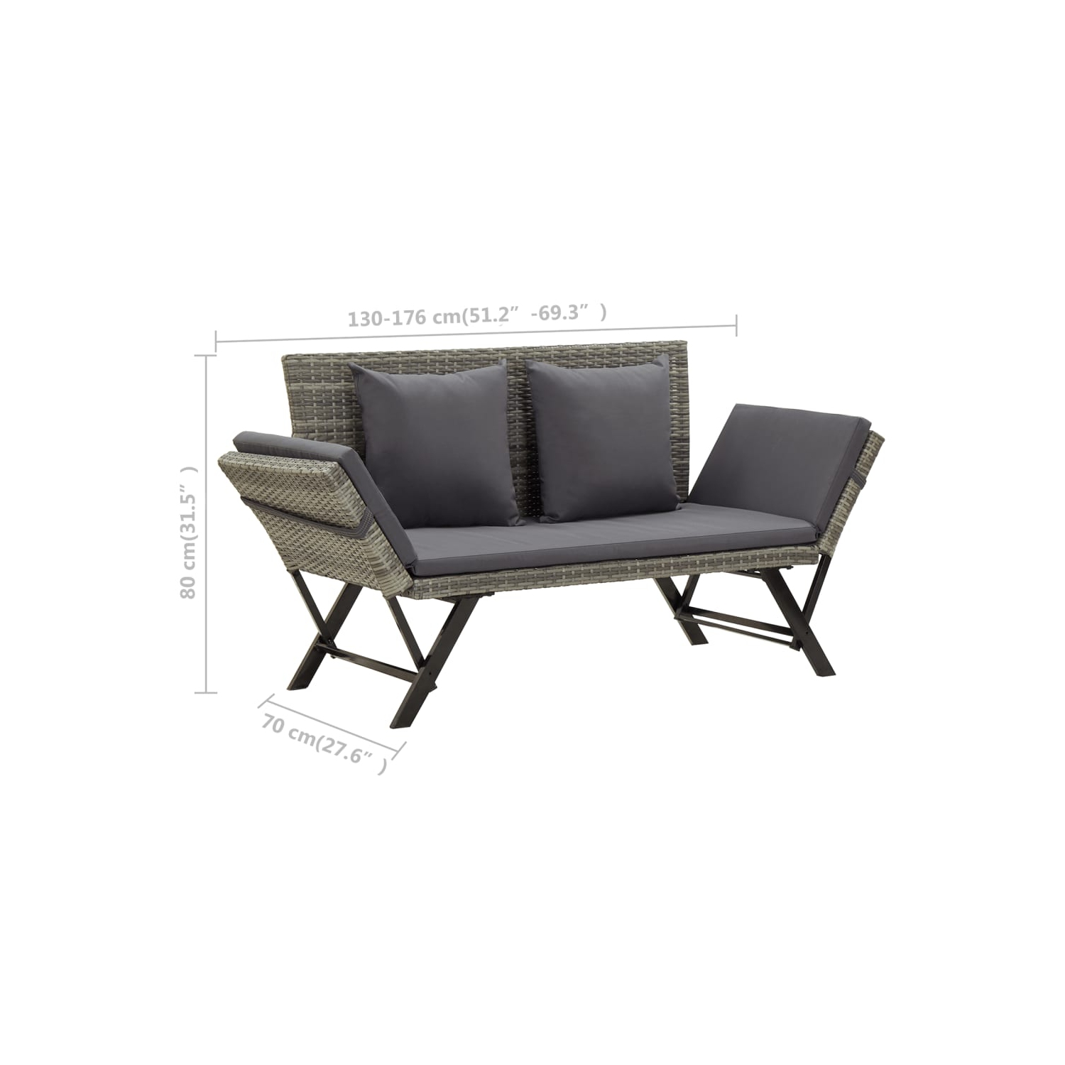 vidaXL Patio Bench with Cushions 69.3" Gray Poly Rattan