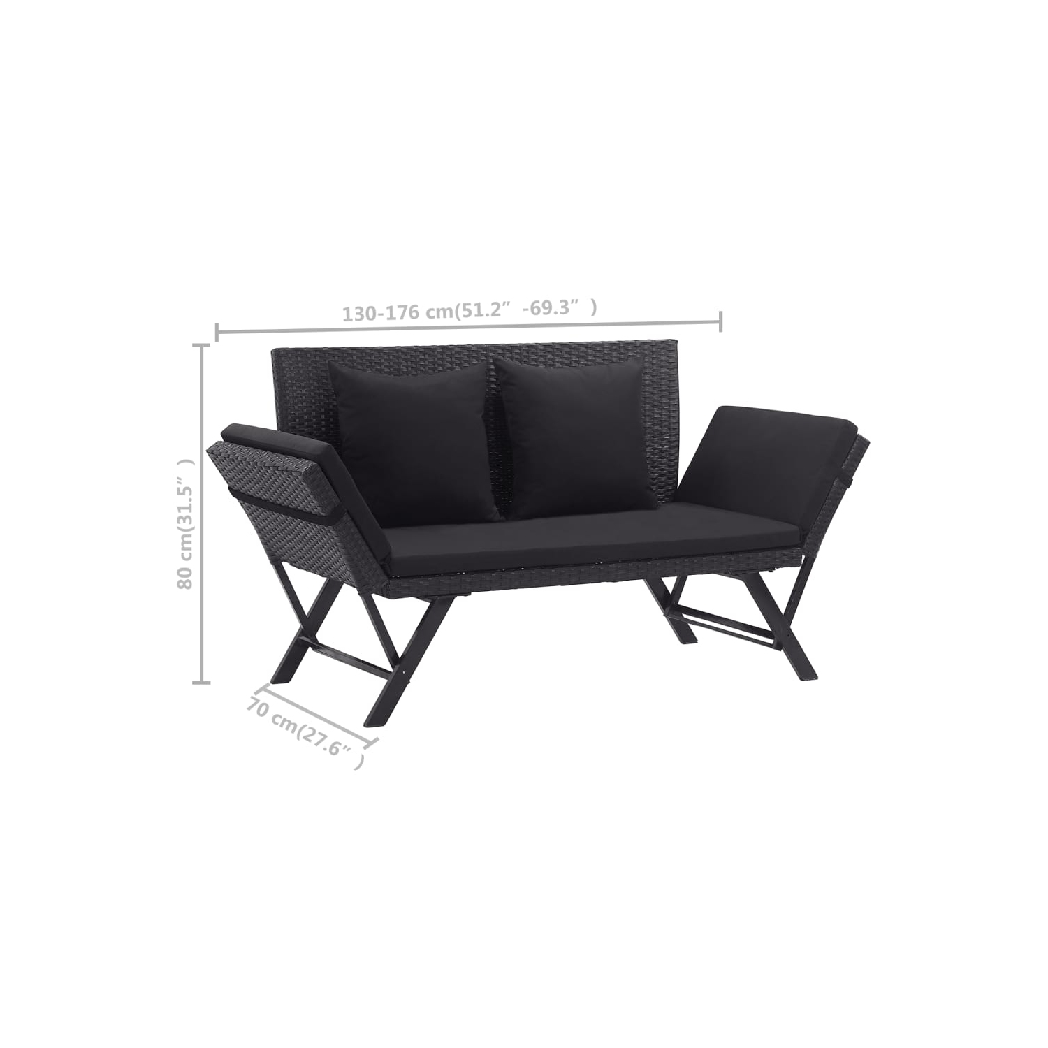 vidaXL Patio Bench with Cushions 69.3" Black Poly Rattan