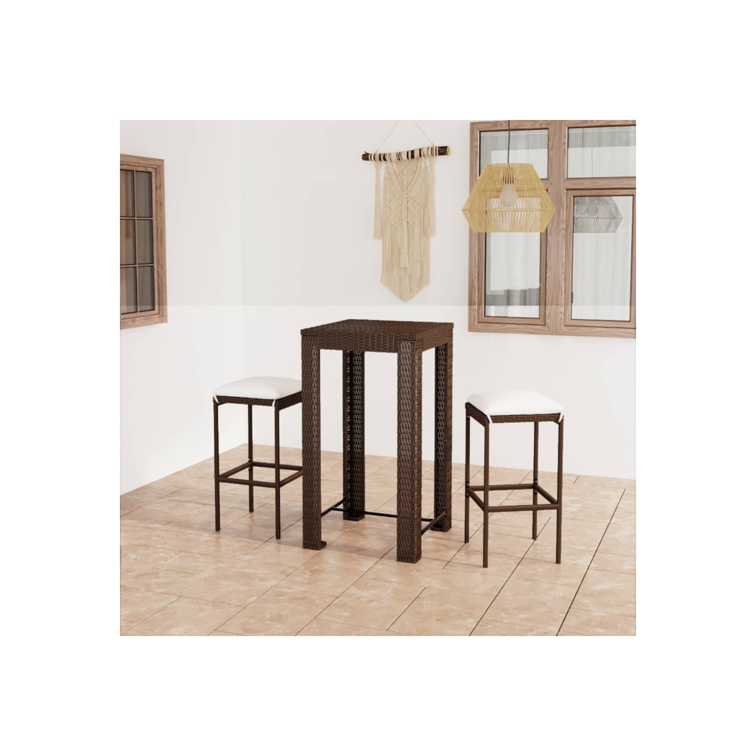vidaXL 3 Piece Patio Bar Set with Cushions Poly Rattan Brown