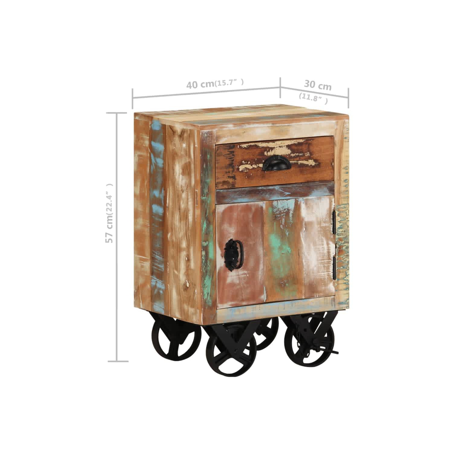 vidaXL Bedside Cabinet with Wheels 15.7"x11.8"x22.4" Solid Reclaimed Wood