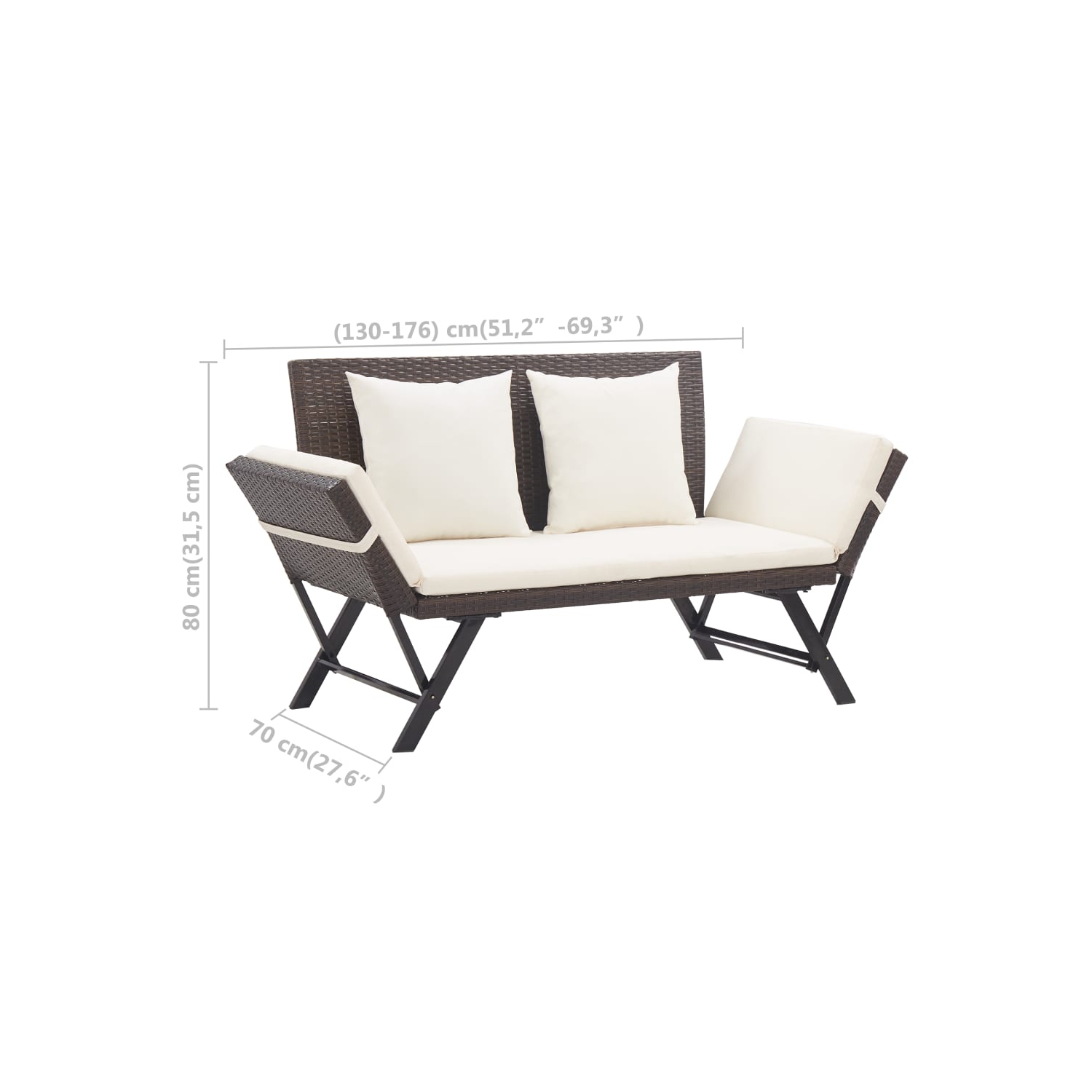 vidaXL Patio Bench with Cushions 69.3" Brown Poly Rattan
