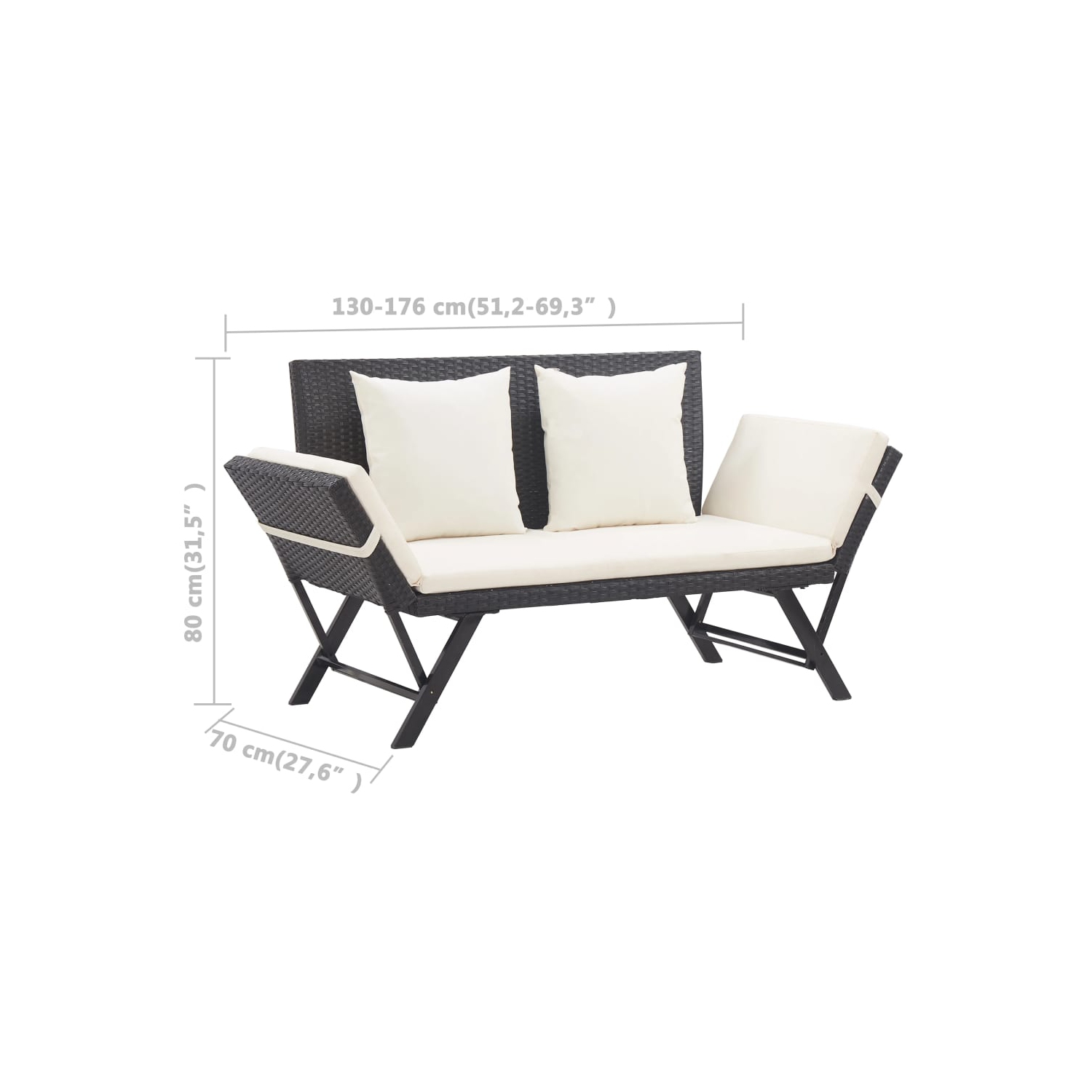 vidaXL Patio Bench with Cushions 69.3" Black Poly Rattan
