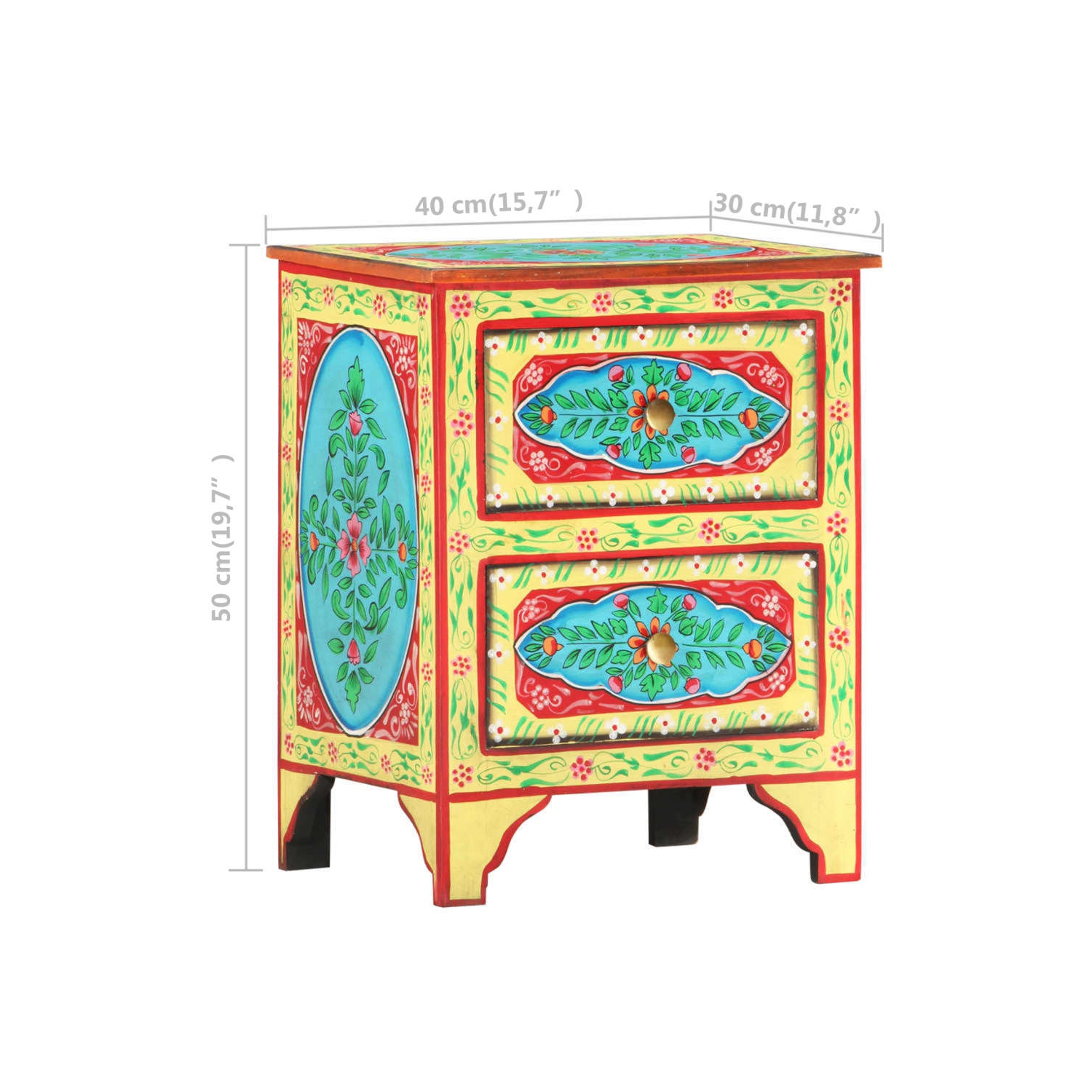 vidaXL Hand Painted Bedside Cabinet 15.7"x11.8"x19.7" Solid Mango Wood