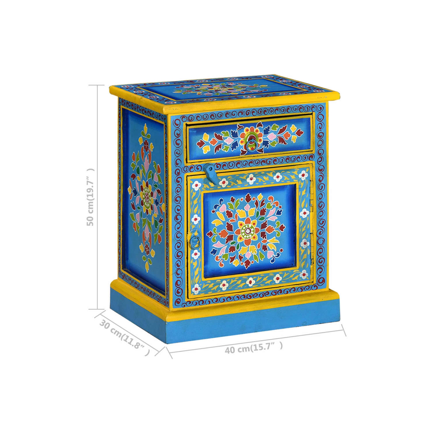 vidaXL Bedside Cabinet Solid Mango Wood Turquoise Hand Painted