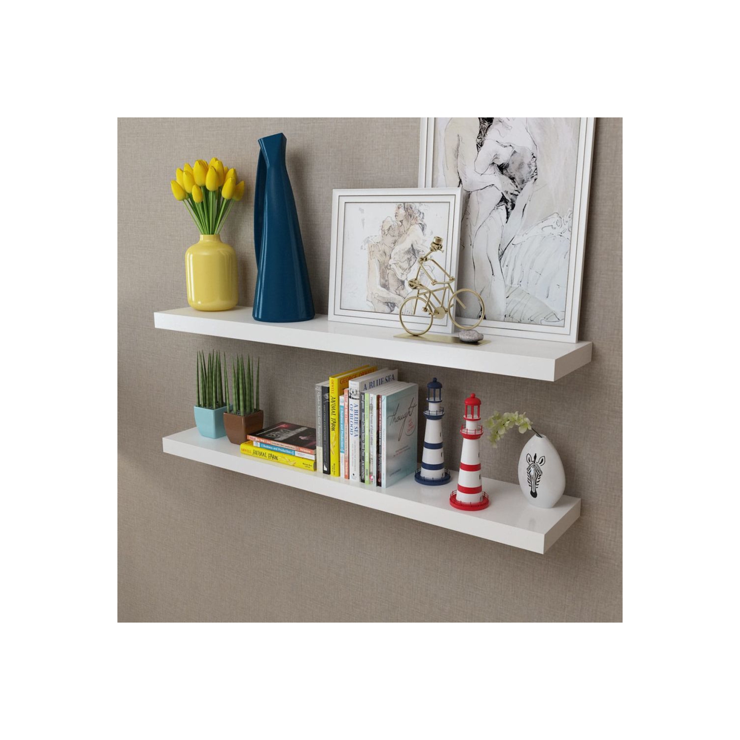 2 White MDF Floating Wall Display Shelves Book/DVD Storage