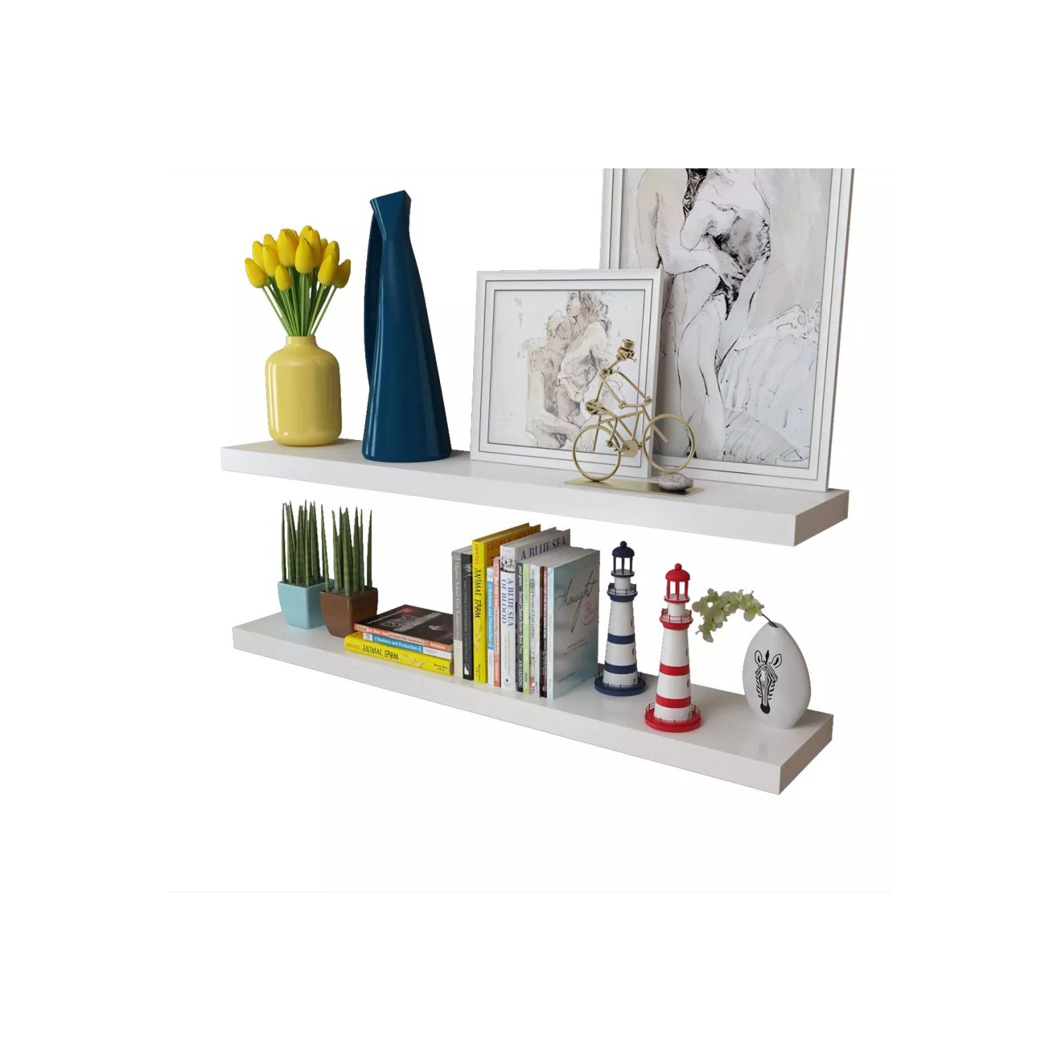 2 White MDF Floating Wall Display Shelves Book/DVD Storage