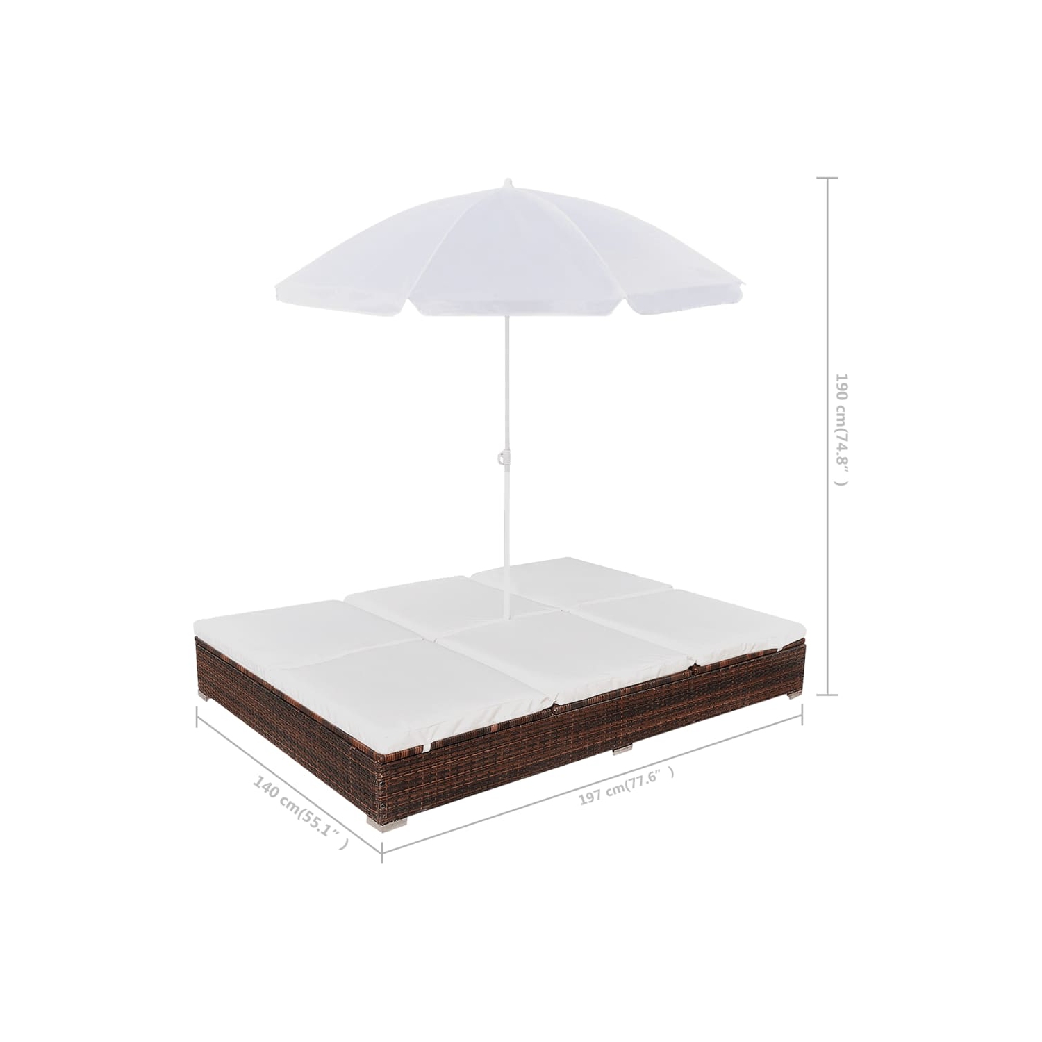 vidaXL Patio Lounge Bed with Umbrella Poly Rattan Brown