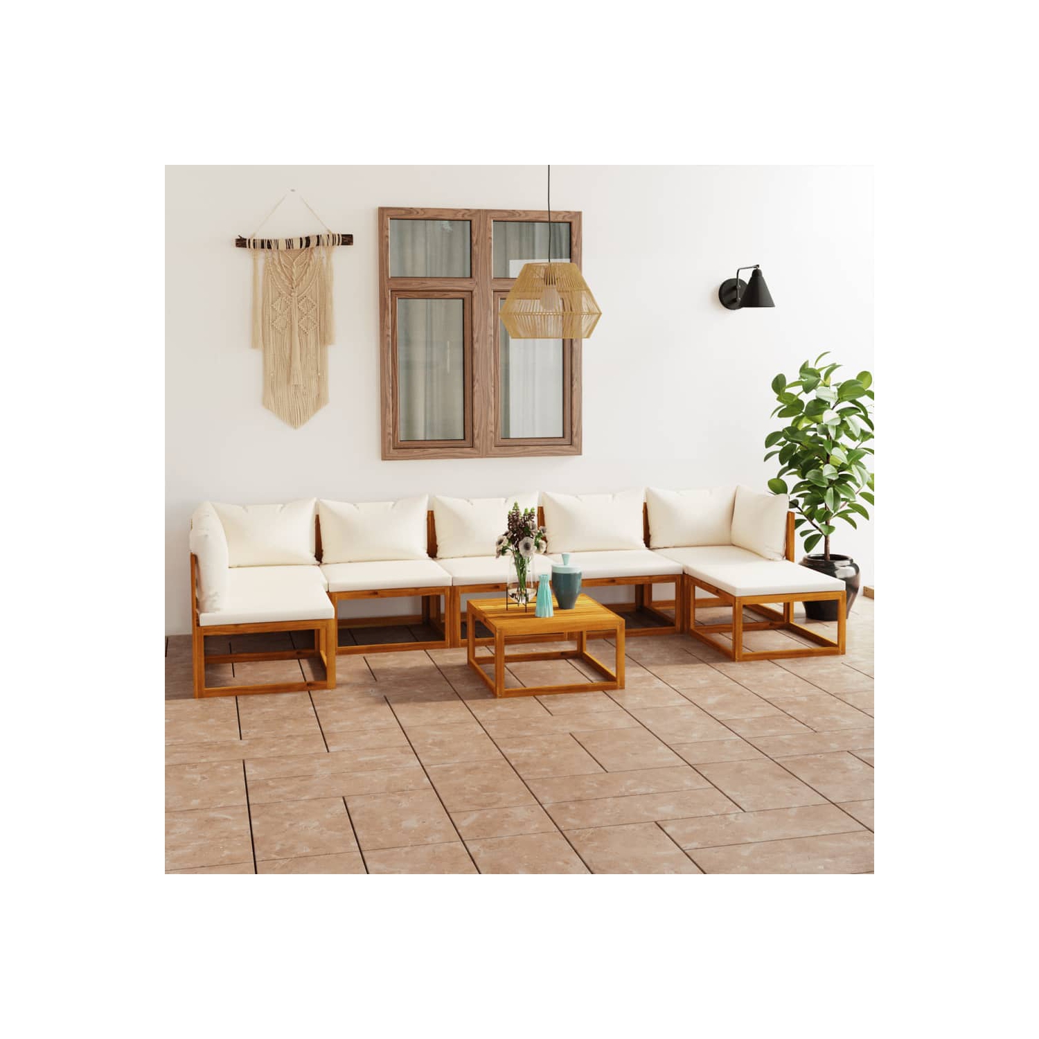 Ensemble patio de 8 pièces avec chaise longue et coussin en bois d’acacia massif VidaXL Crème