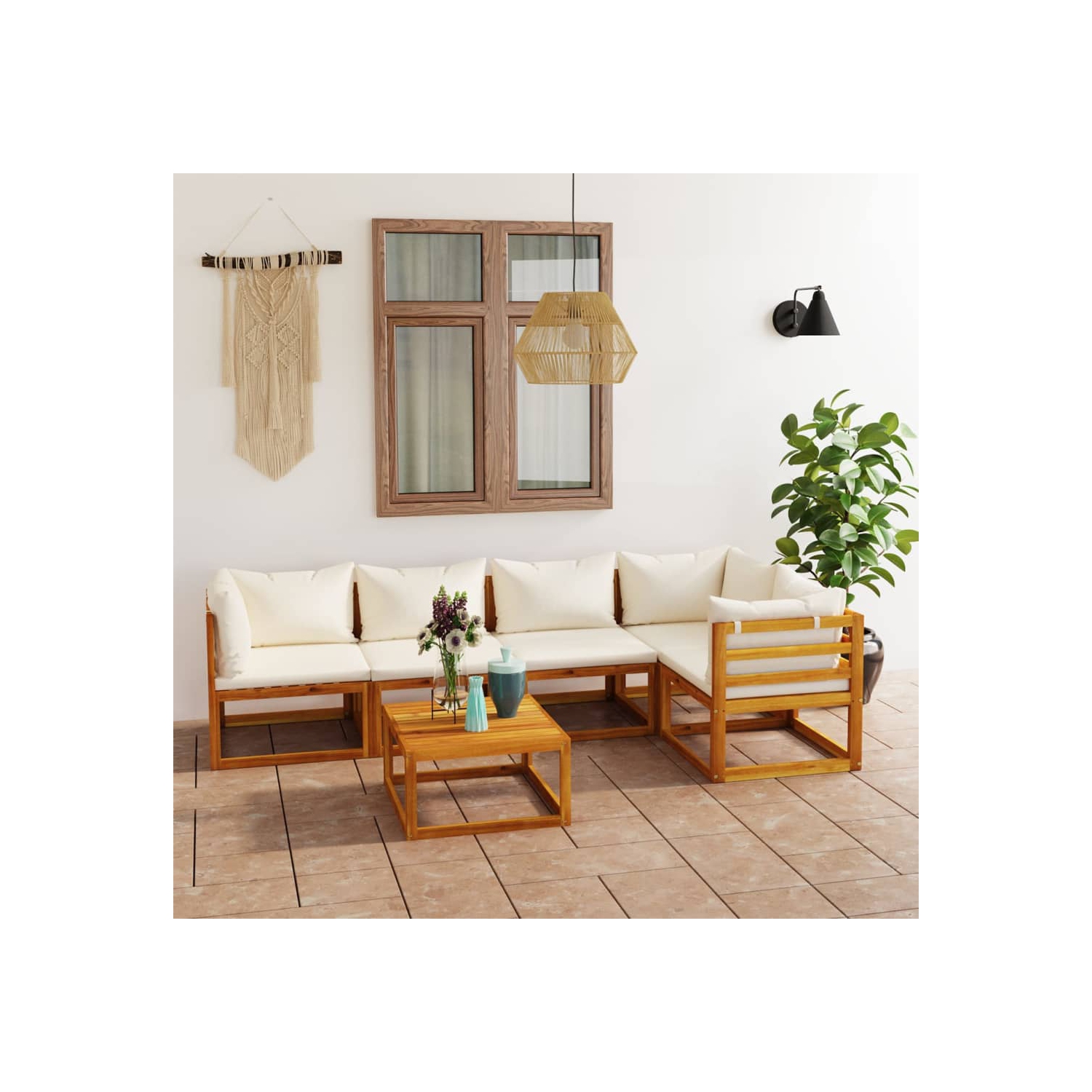vidaXL 6 Piece Patio Lounge Set with Cushion Cream Solid Acacia Wood