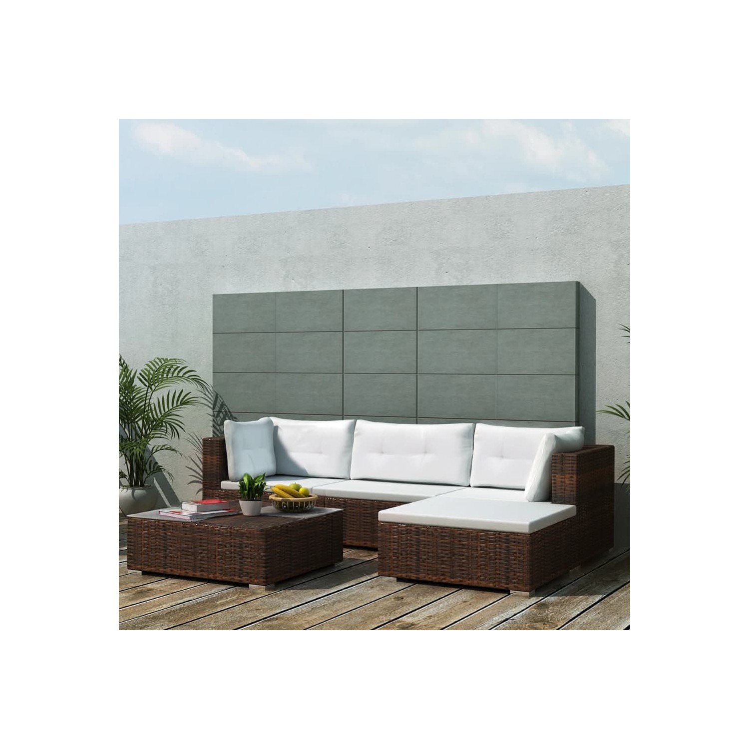 vidaXL 5 Piece Patio Lounge Set with Cushions Poly Rattan Brown
