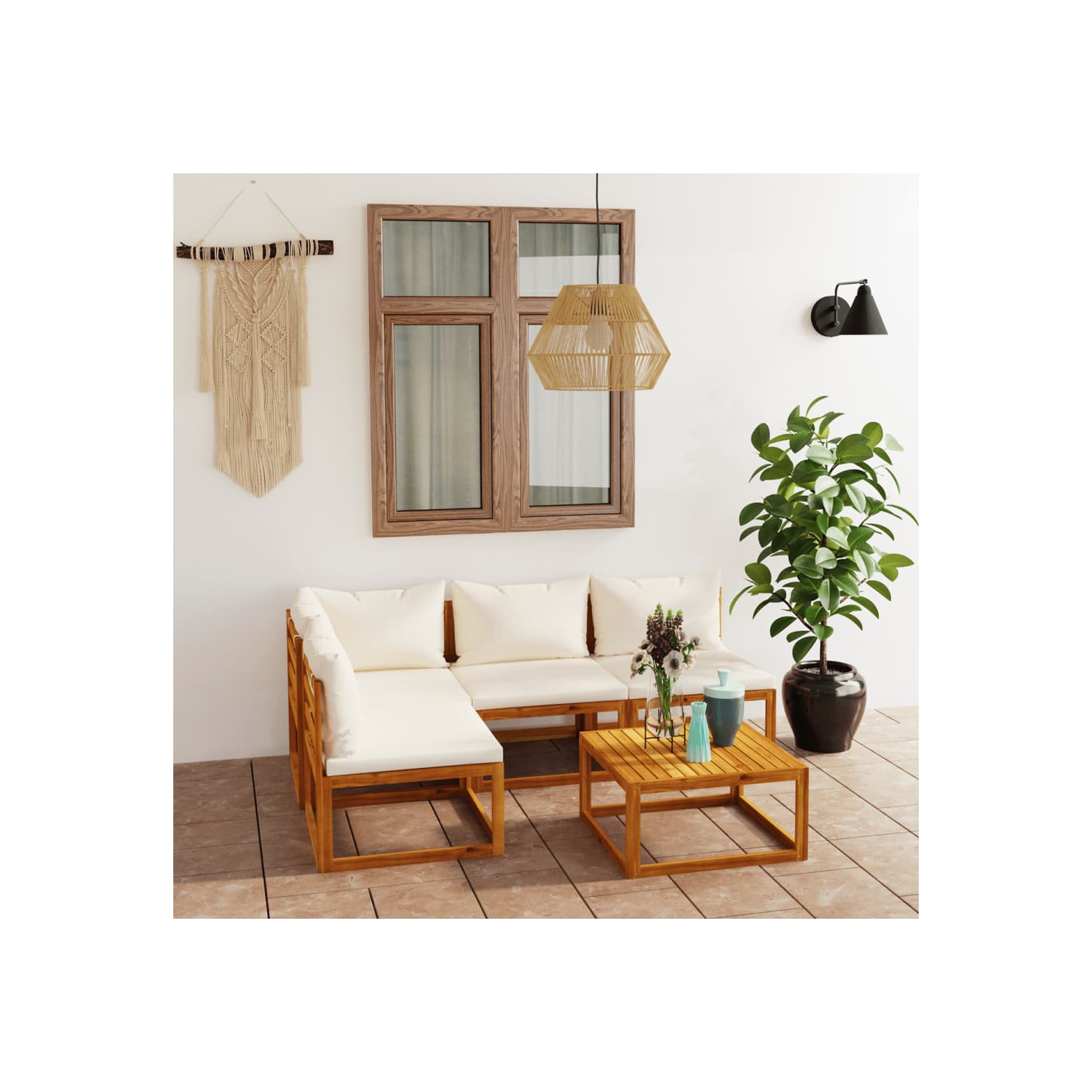 vidaXL 5 Piece Patio Lounge Set with Cushion Cream Solid Acacia Wood