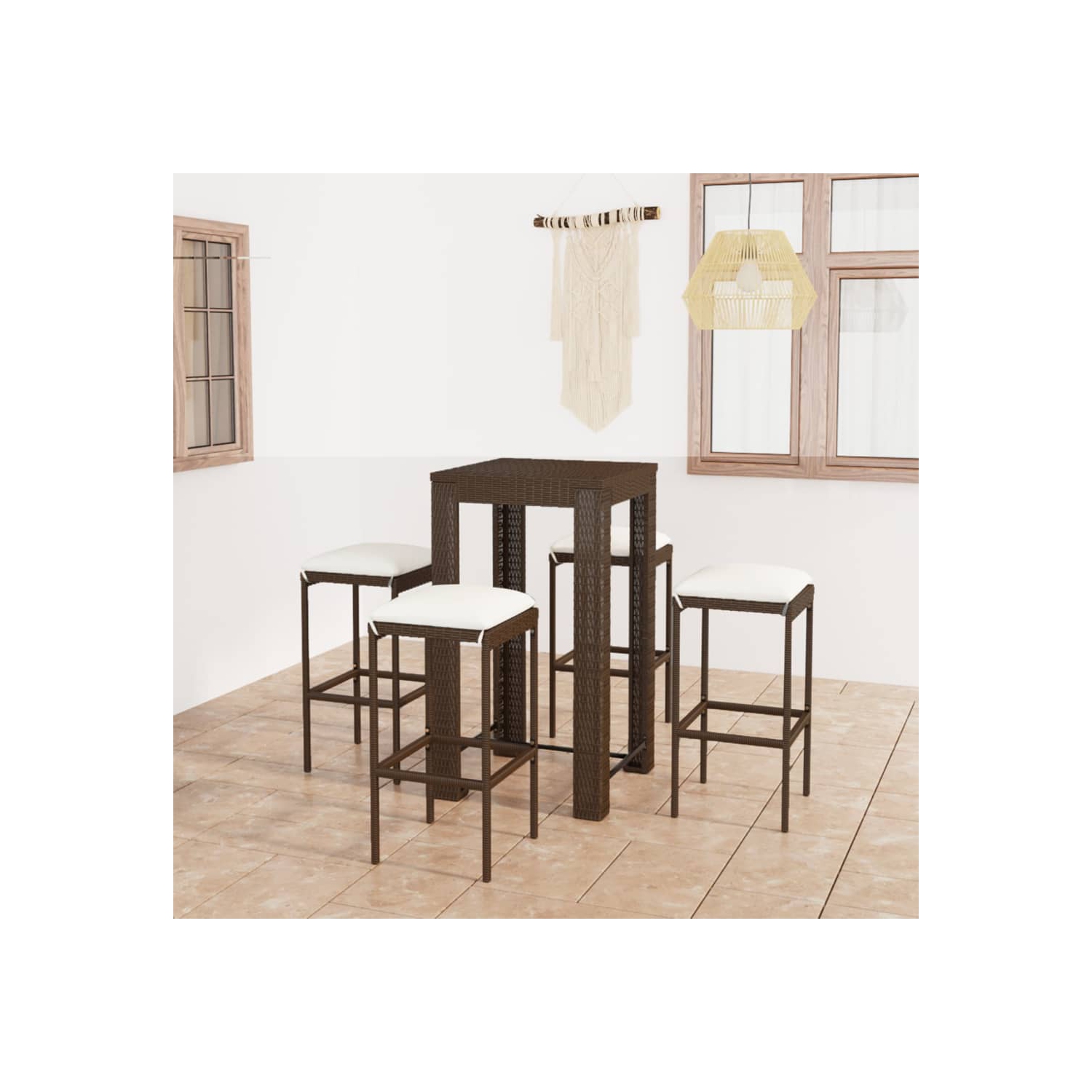 vidaXL 5 Piece Patio Bar Set with Cushions Poly Rattan Brown