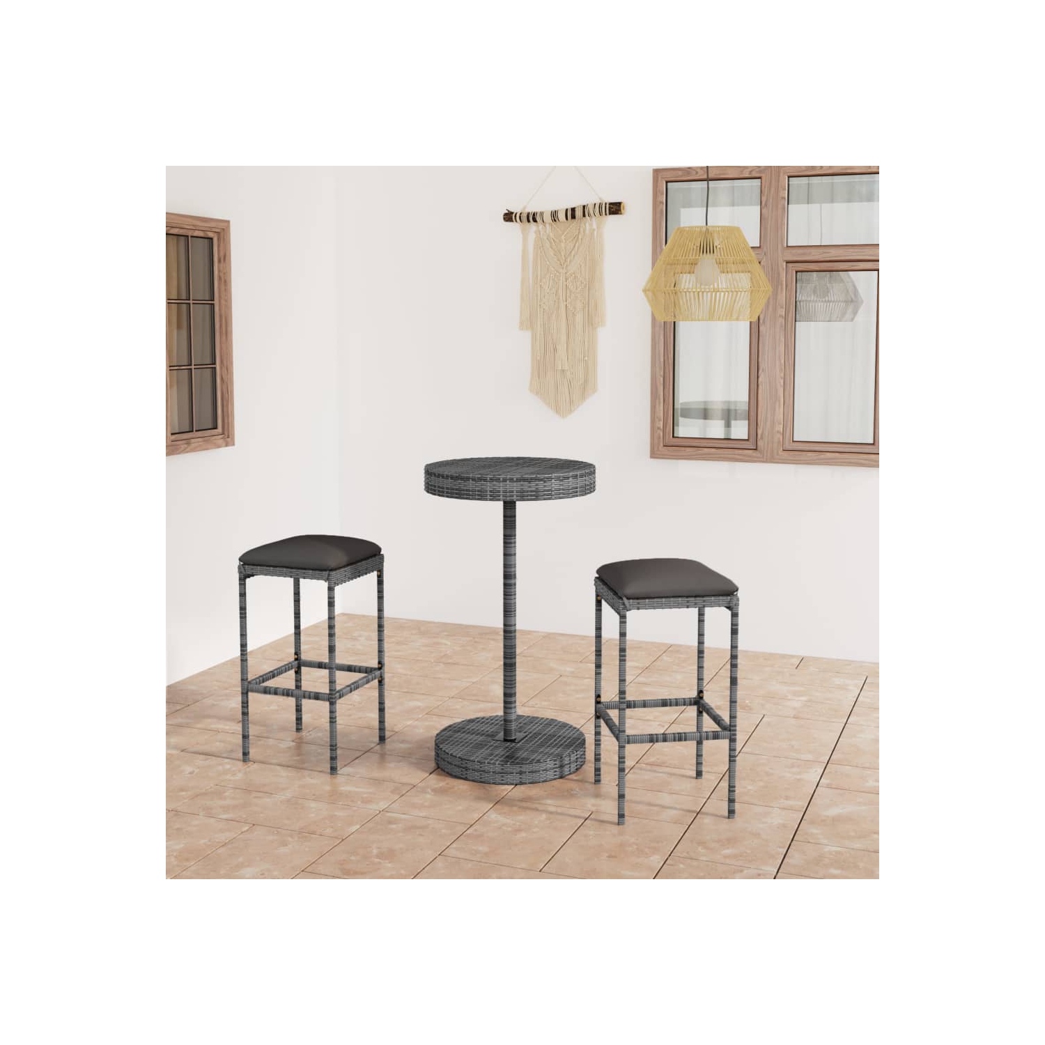 vidaXL 3 Piece Patio Bar Set with Cushions Poly Rattan Gray