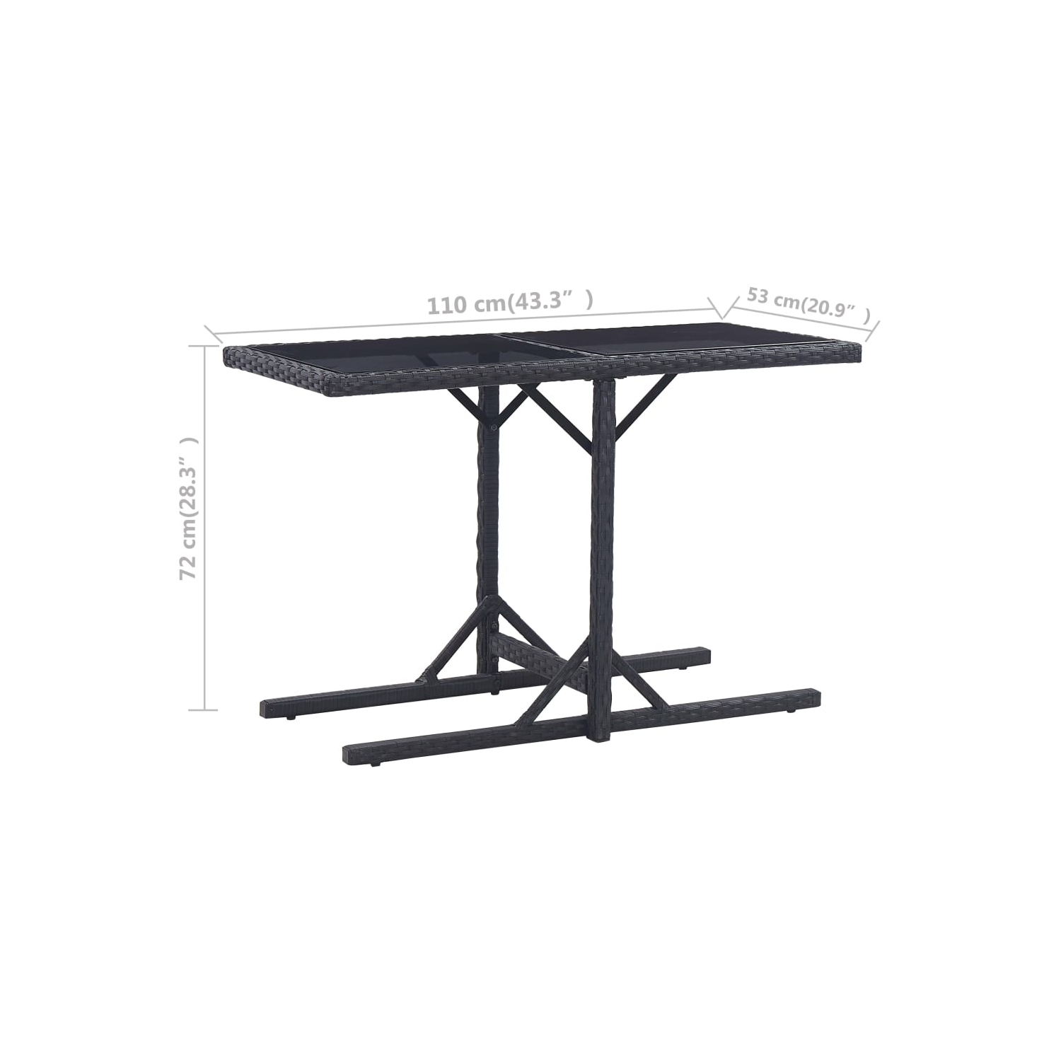 vidaXL Patio Table Black 43.3"x20.9"x28.3" Glass and Poly Rattan