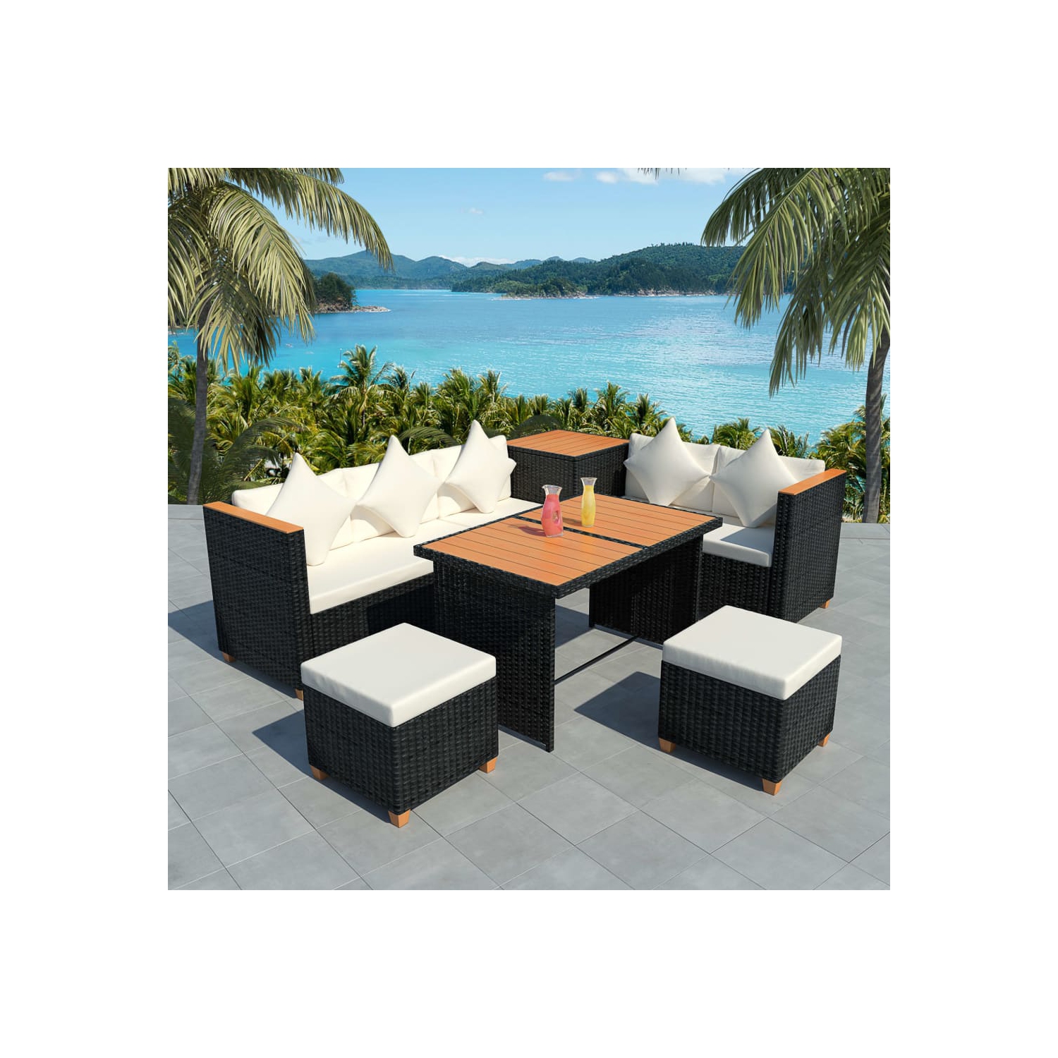 vidaXL 7 Piece Patio Lounge Set with Cushions Poly Rattan Black