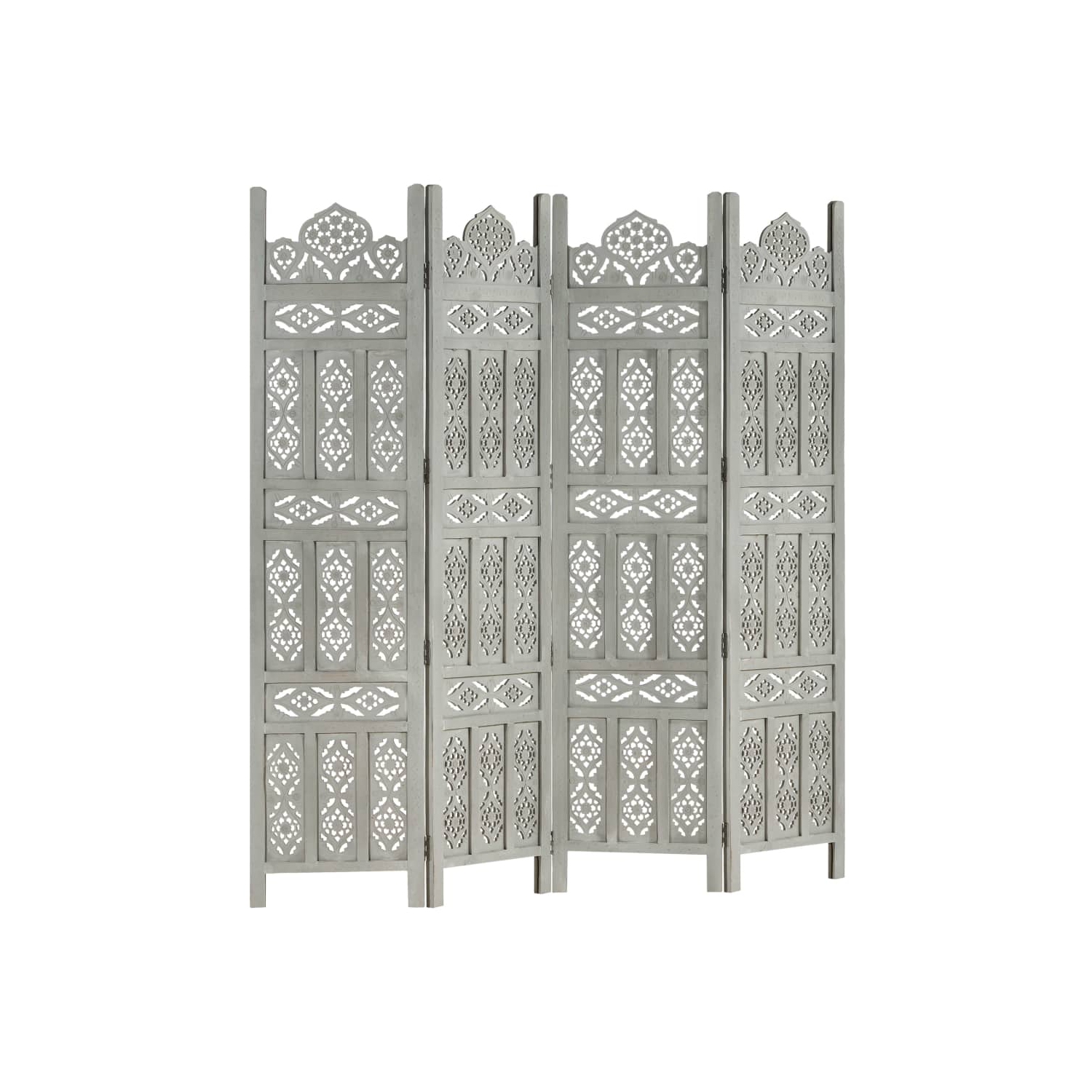 vidaXL Hand carved 4-Panel Room Divider Gray 63"x65" Solid Mango Wood