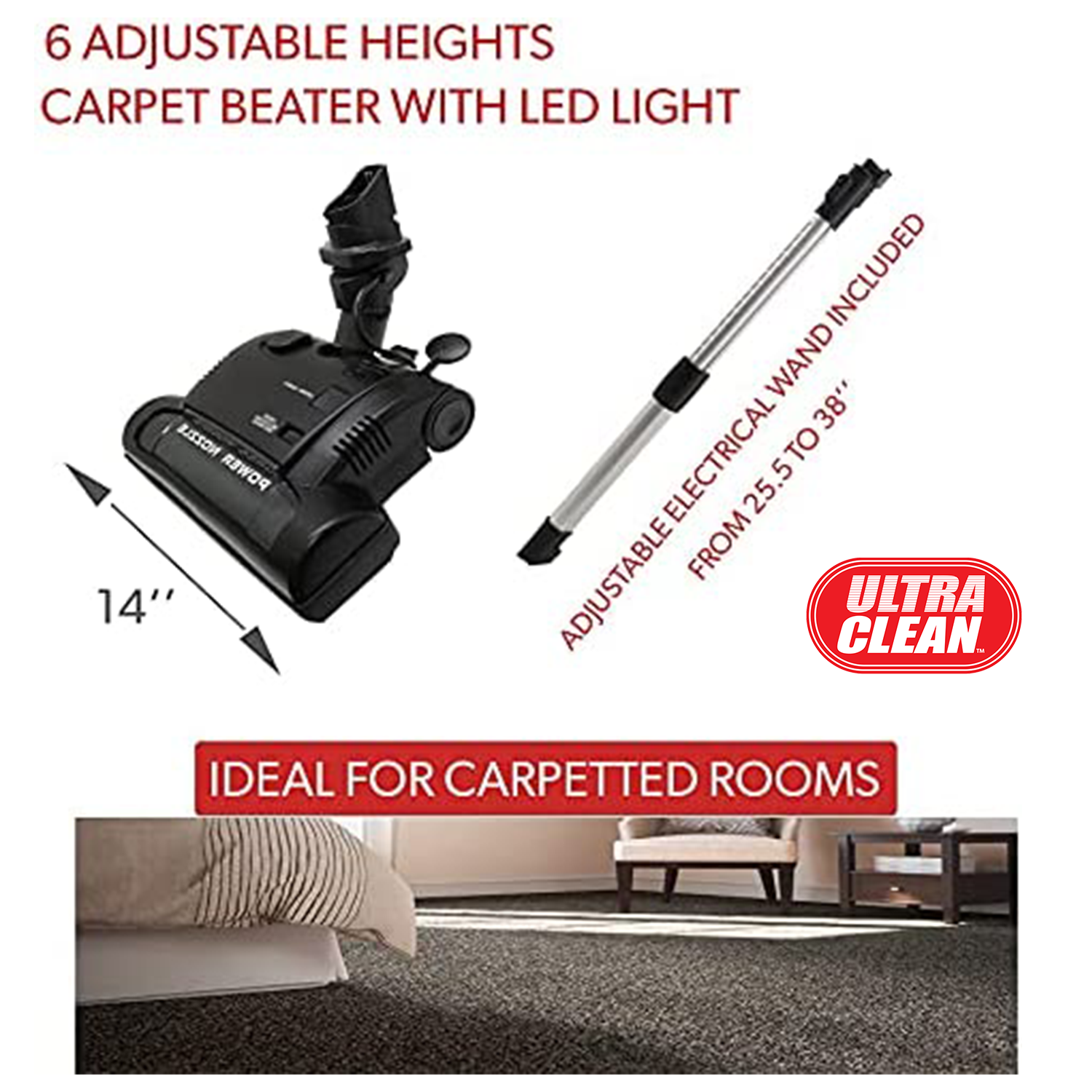 Accessoires DE luxe POUR tapis à aspirateur central ULTRA CLEAN avec tuyau haute tension, 6 fouets à tapis électrique à hauteur réglable, brosse à