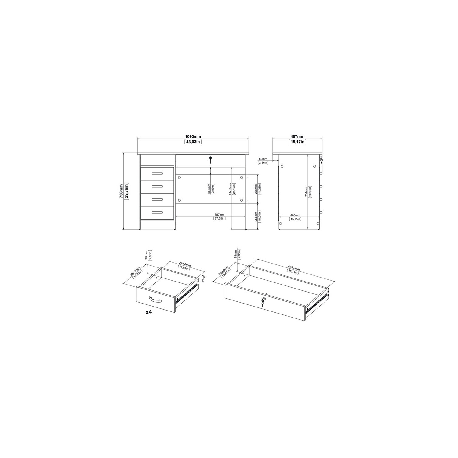 Bureau transitionnel à 5 tiroirs Tvilum Walden - Blanc
