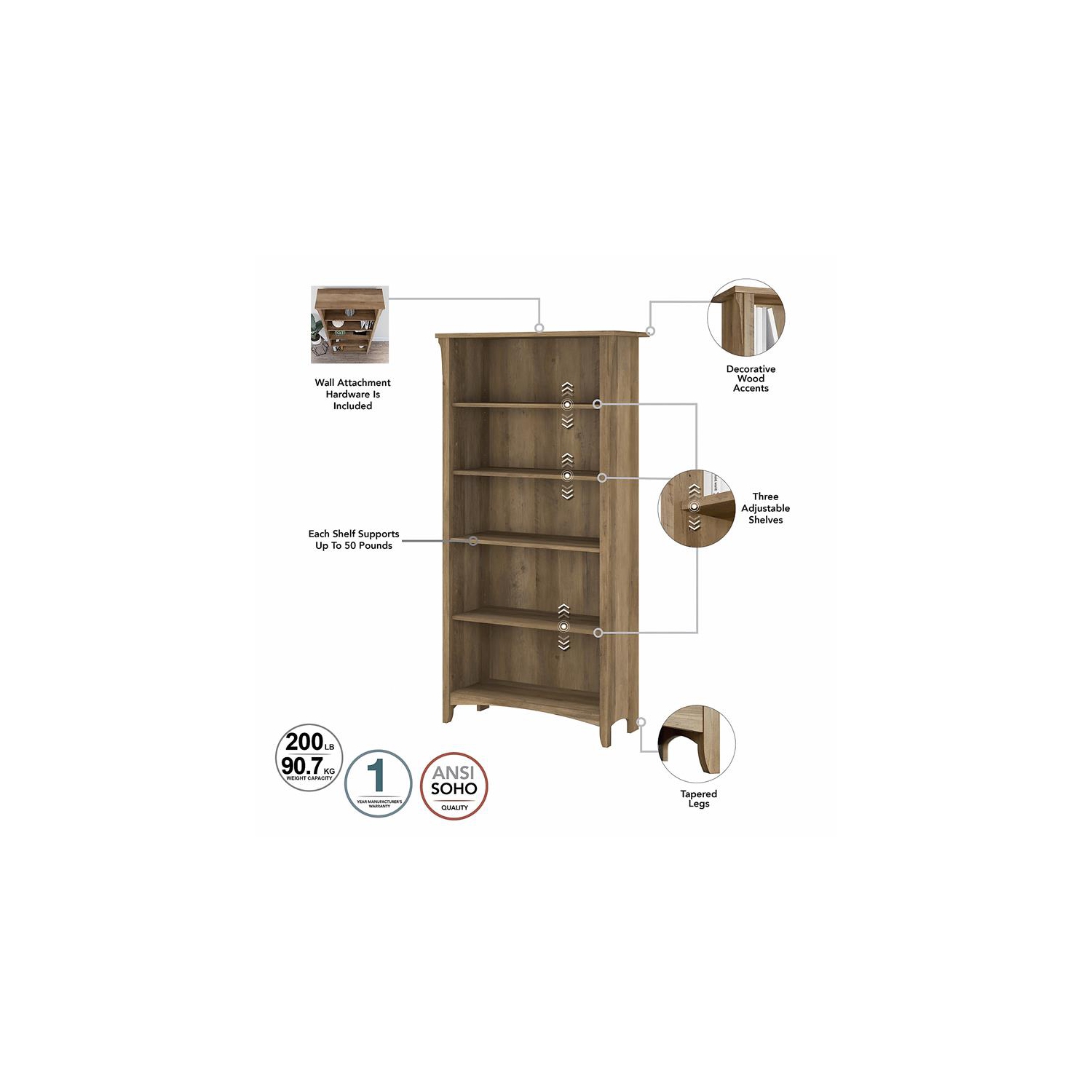 Grande bibliothèque à 5 tablettes en pin récupéré de Bowery Hill - bois d’ingénierie