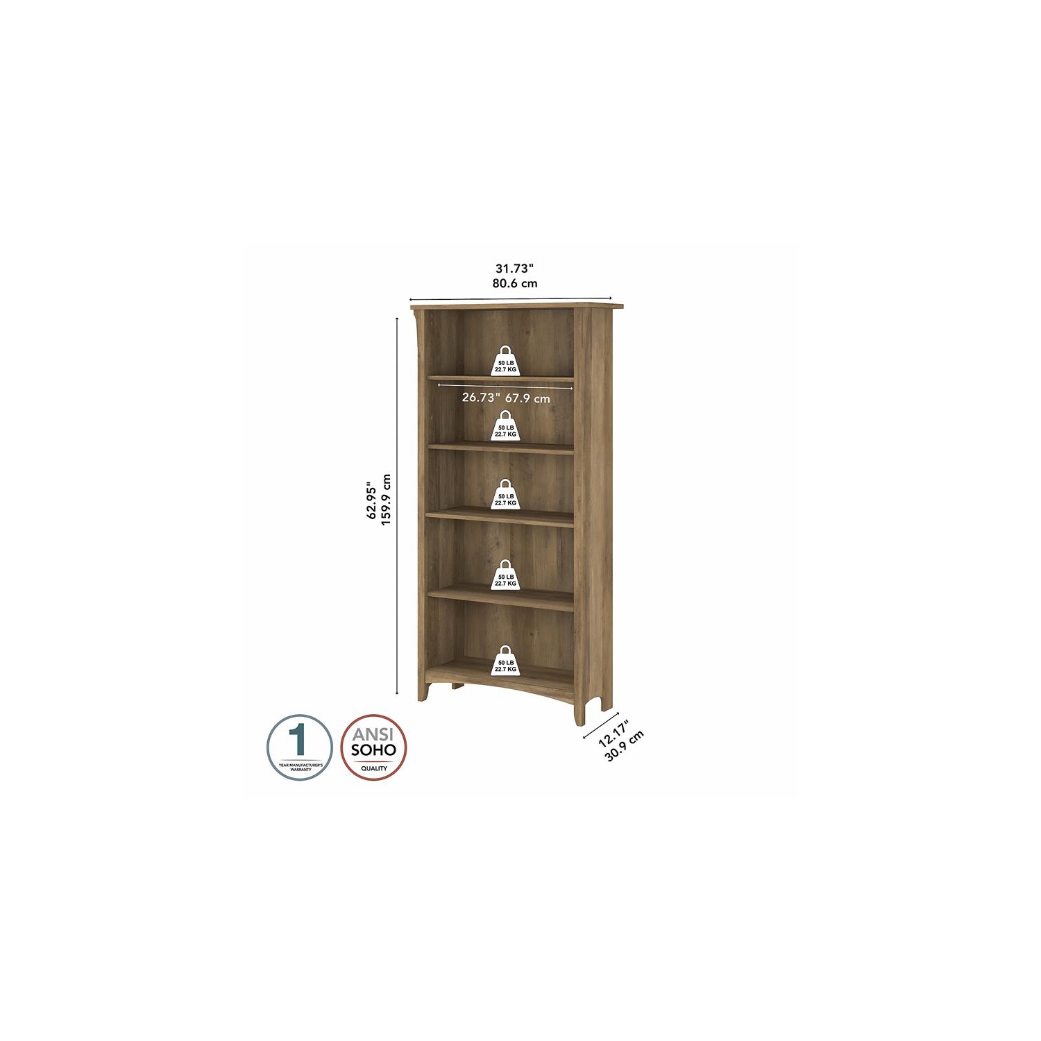 Grande bibliothèque à 5 tablettes en pin récupéré de Bowery Hill - bois d’ingénierie