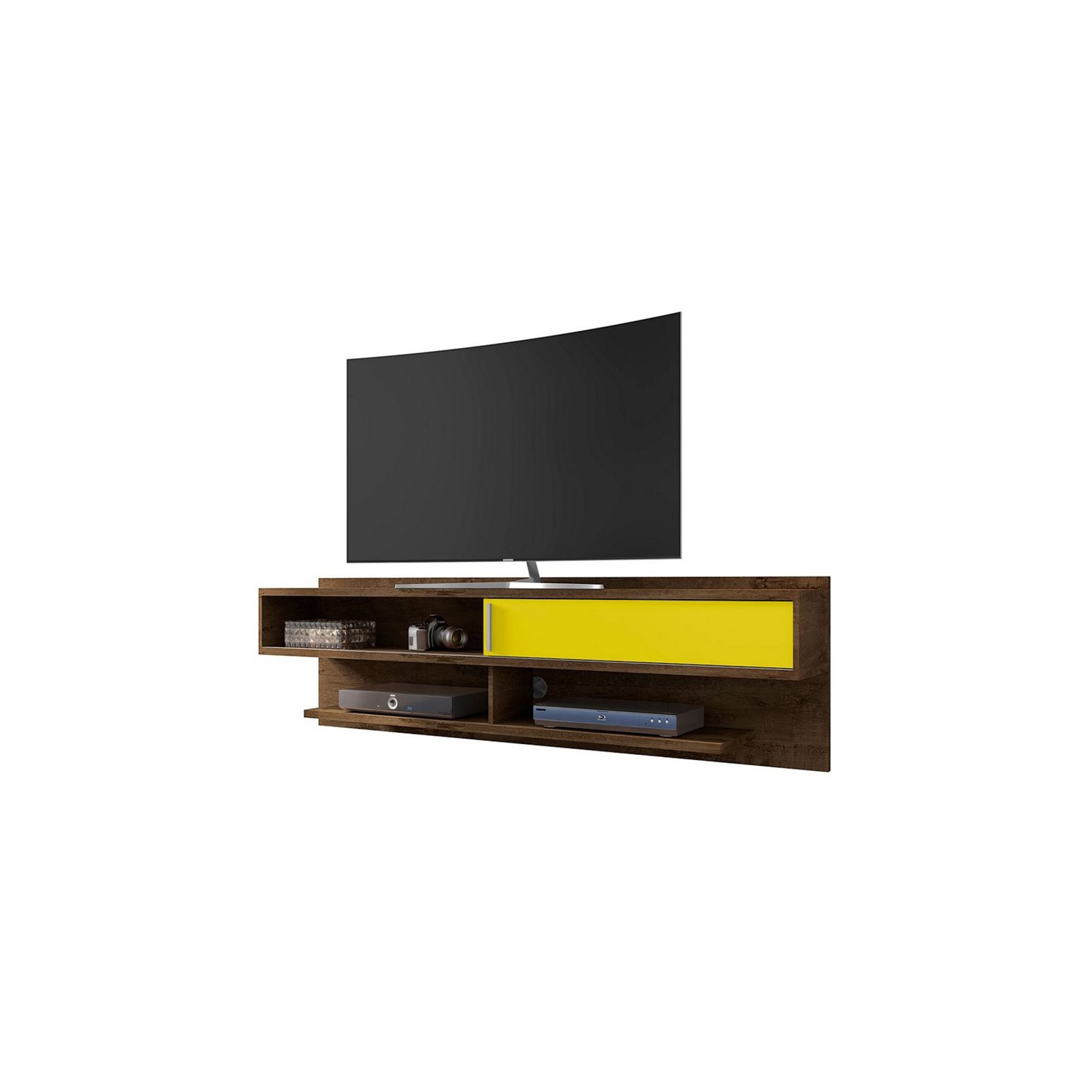 Astor Wood 71" Floating Entertainment Center in Rustic Brown & Yellow