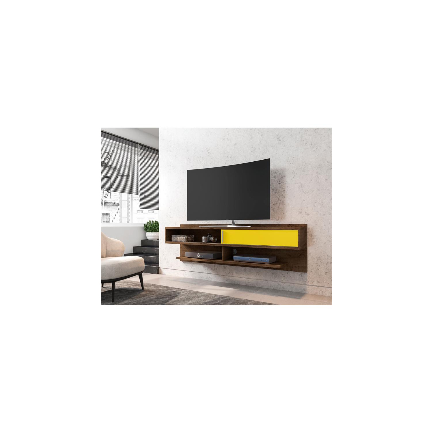 Astor Wood 71" Floating Entertainment Center in Rustic Brown & Yellow