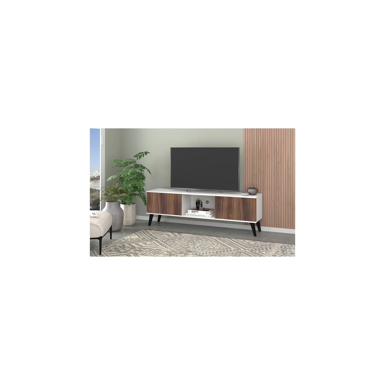 Doyers Wood 62" Mid Century Modern TV Stand in White & Nut Brown