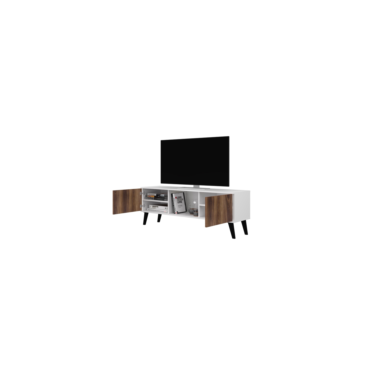 Doyers Wood 62" Mid Century Modern TV Stand in White & Nut Brown