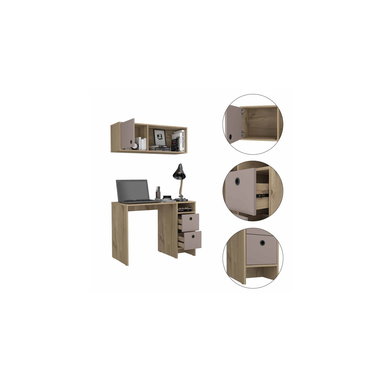 Atlin Designs 3-Drawer Modern Wood Office Desk Set in Light Oak/Taupe