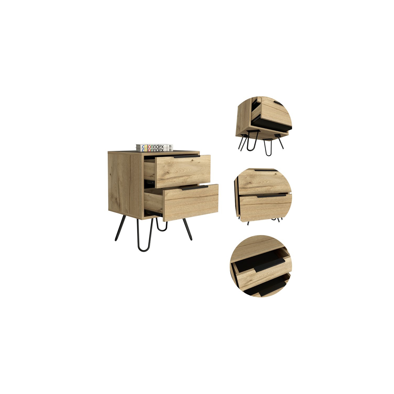 Atlin Designs Modern Metal Bedroom Nightstand with 2-Drawer in Light Oak