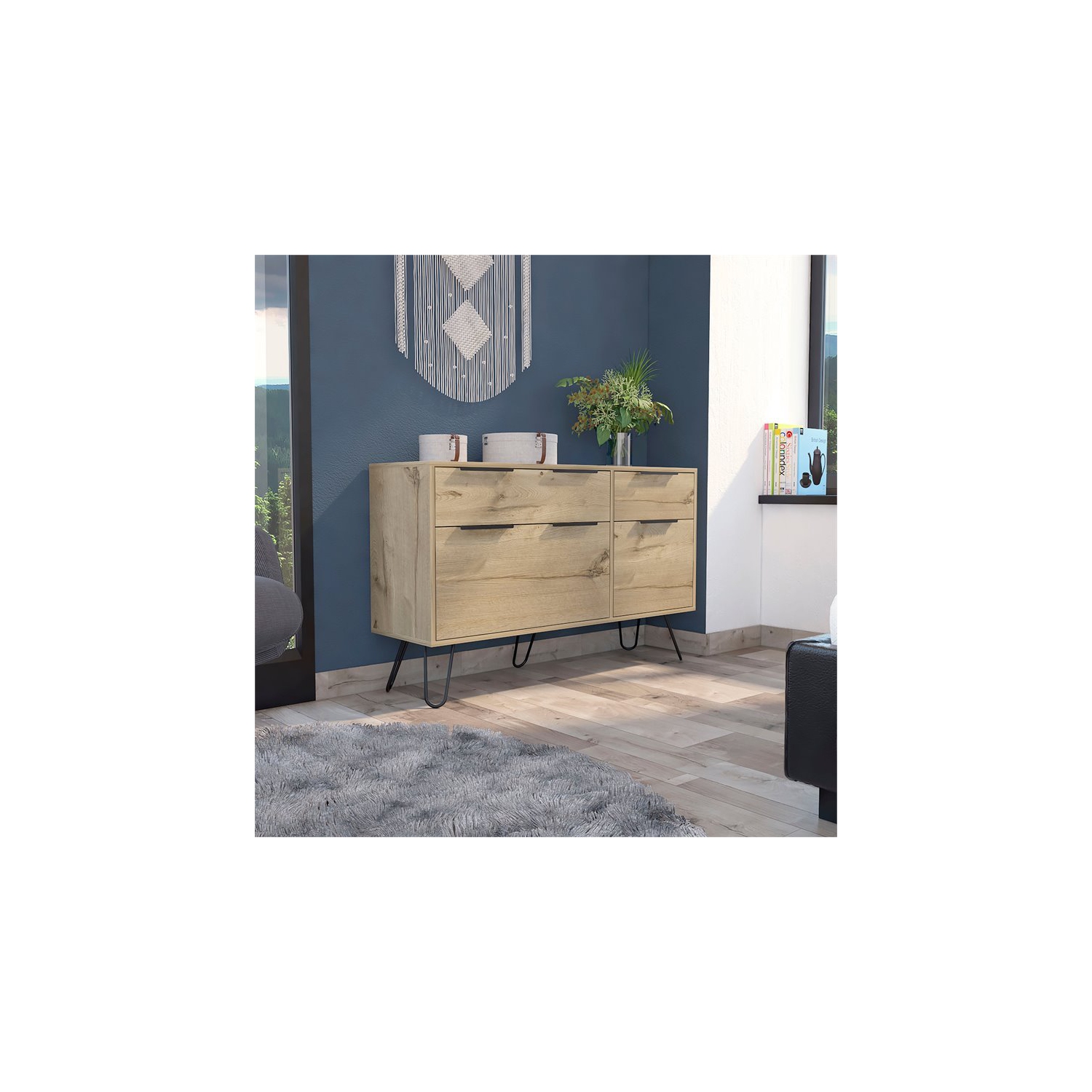 Atlin Designs – Commode moderne en métal avec 4 tiroirs, fini chêne clair