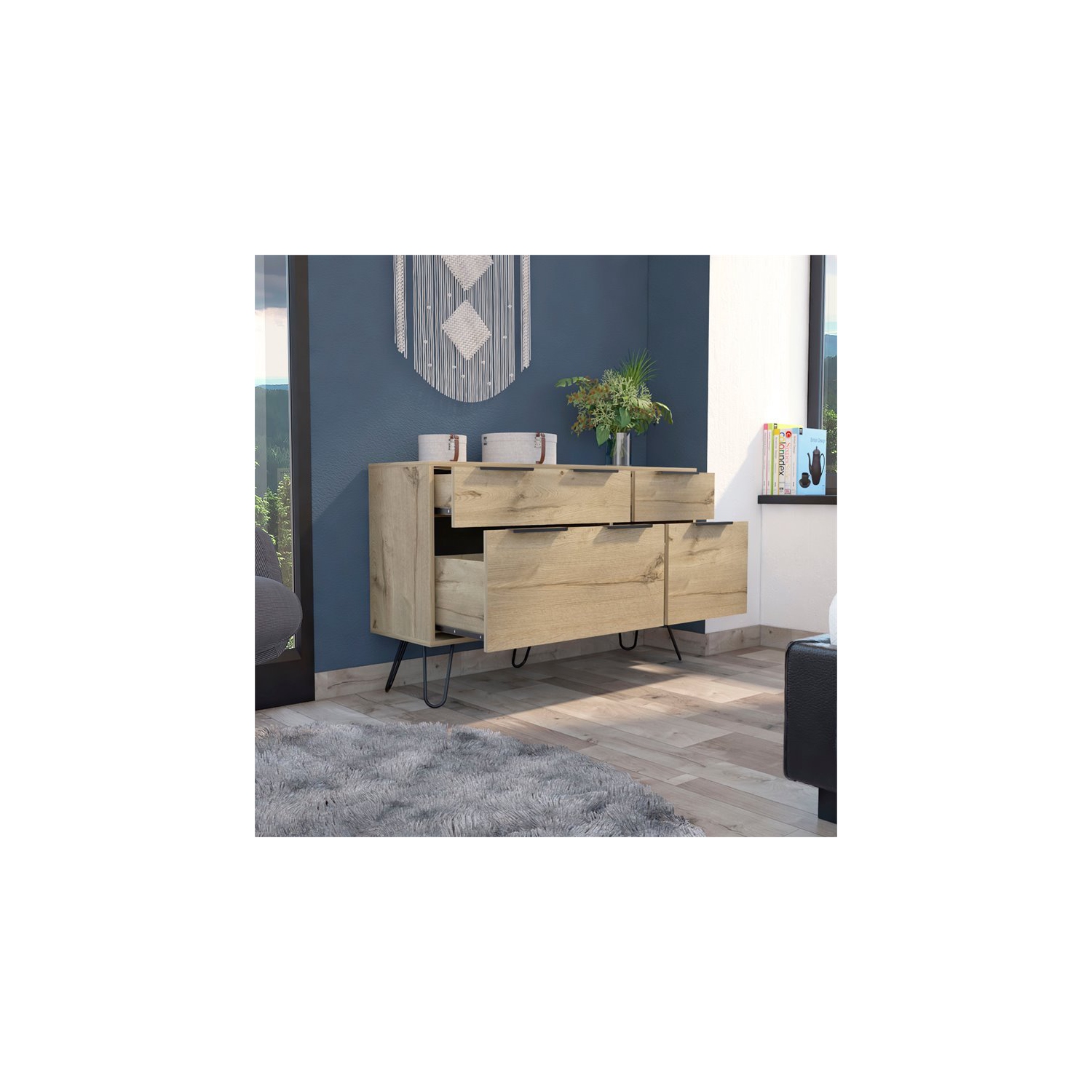Atlin Designs – Commode moderne en métal avec 4 tiroirs, fini chêne clair