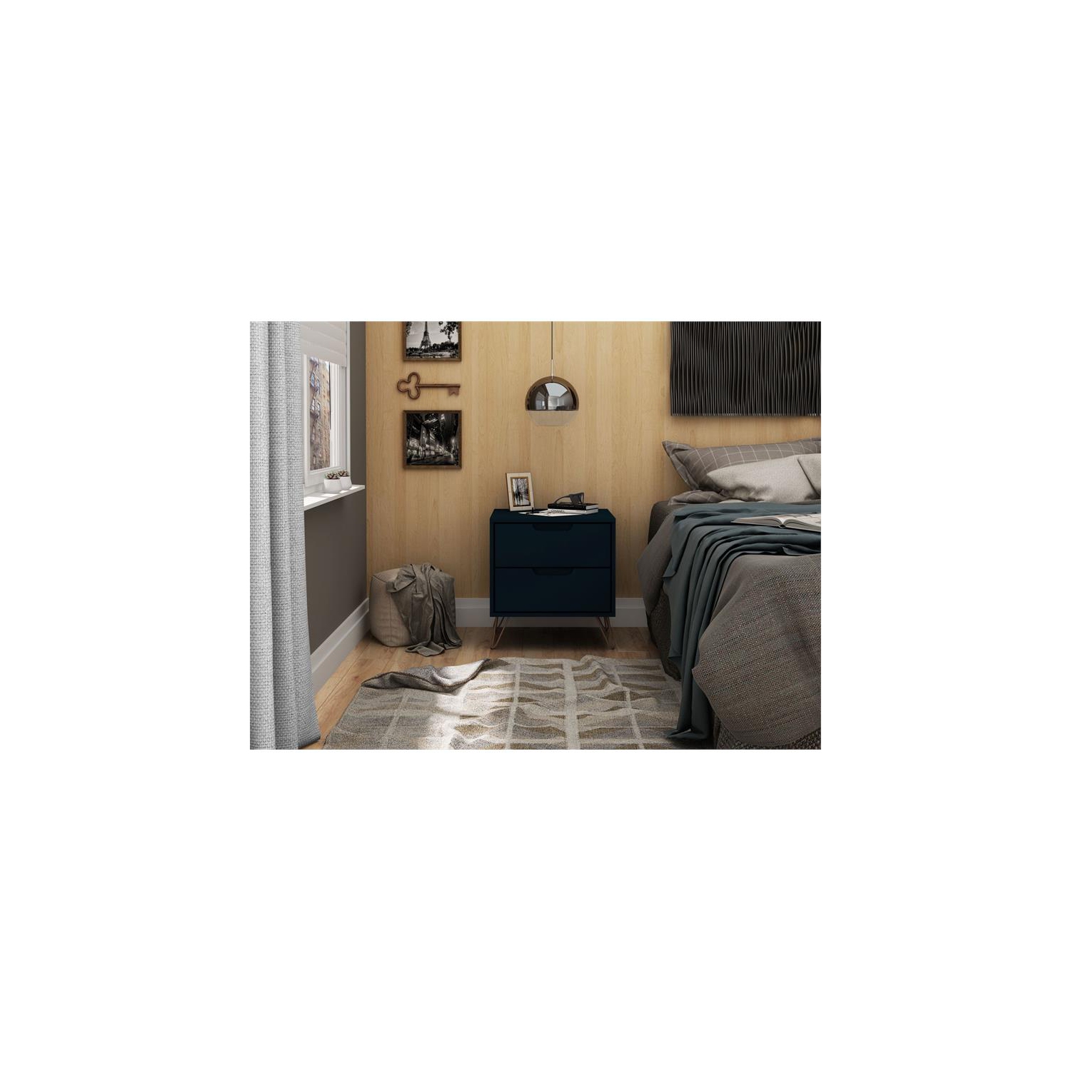 Table de chevet moderne en bois du milieu du siècle Rockefeller, Tatiana Midnight Blue