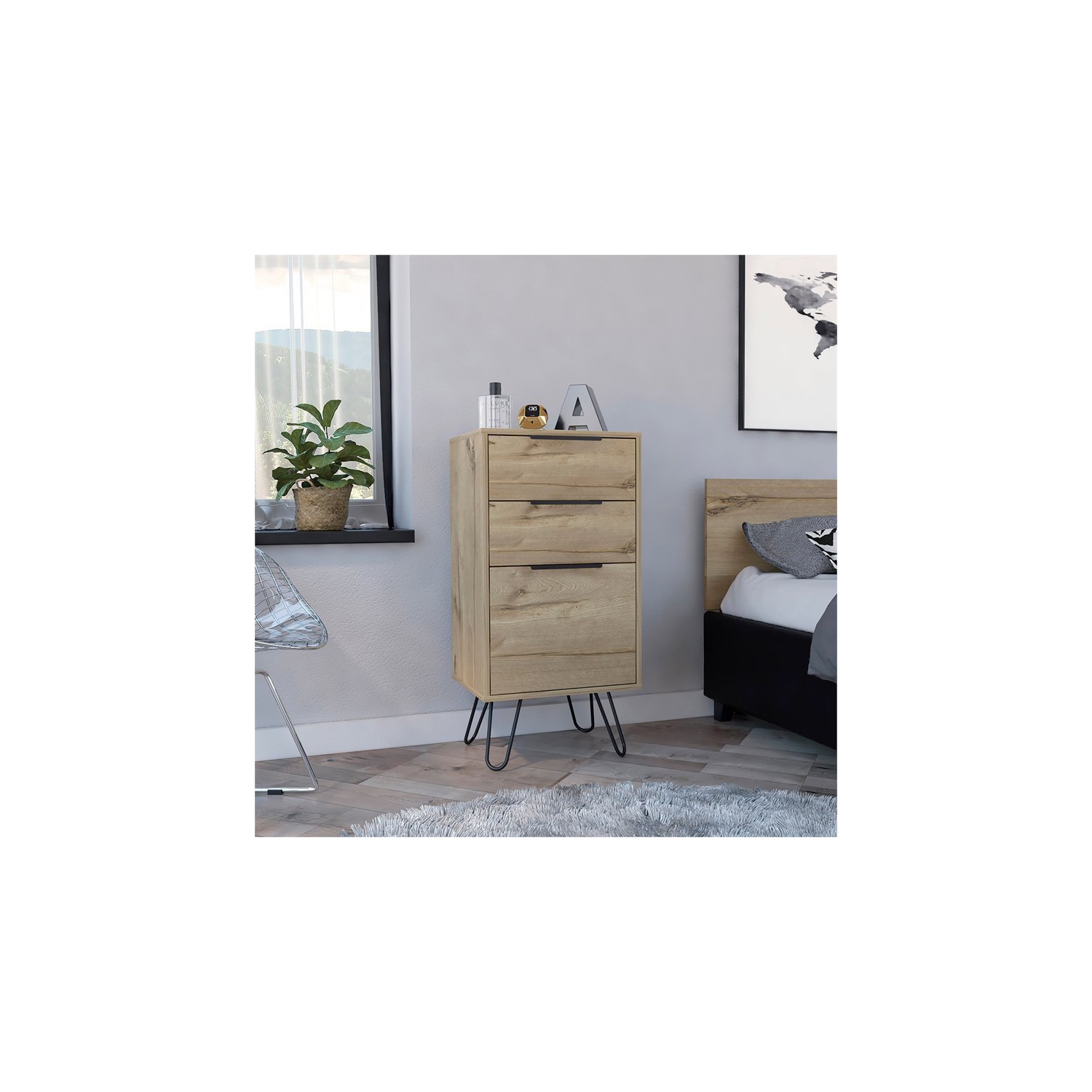 Atlin Designs Modern Metal Dresser with 3-Drawer & 4-Leg in Light Oak