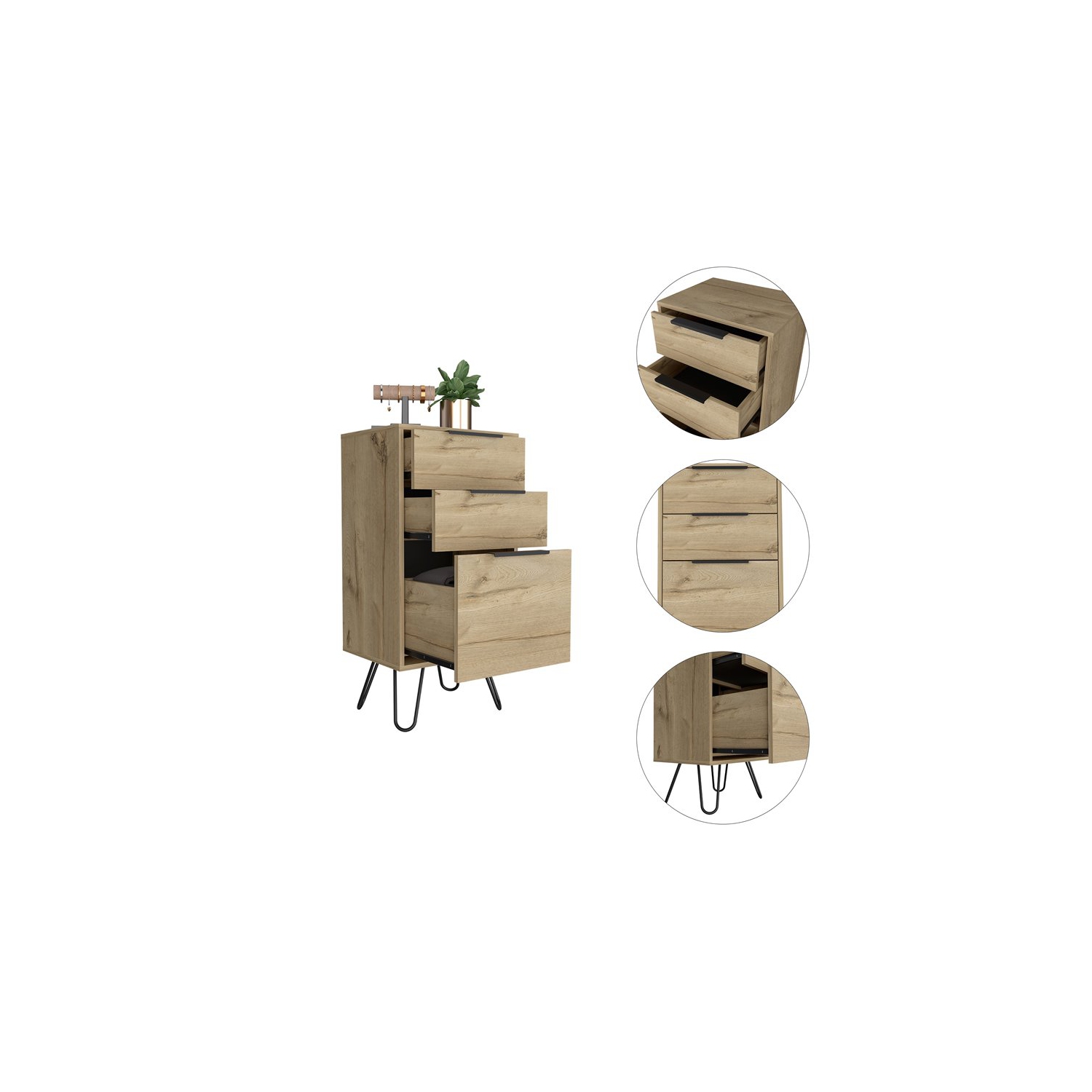 Atlin Designs Modern Metal Dresser with 3-Drawer & 4-Leg in Light Oak