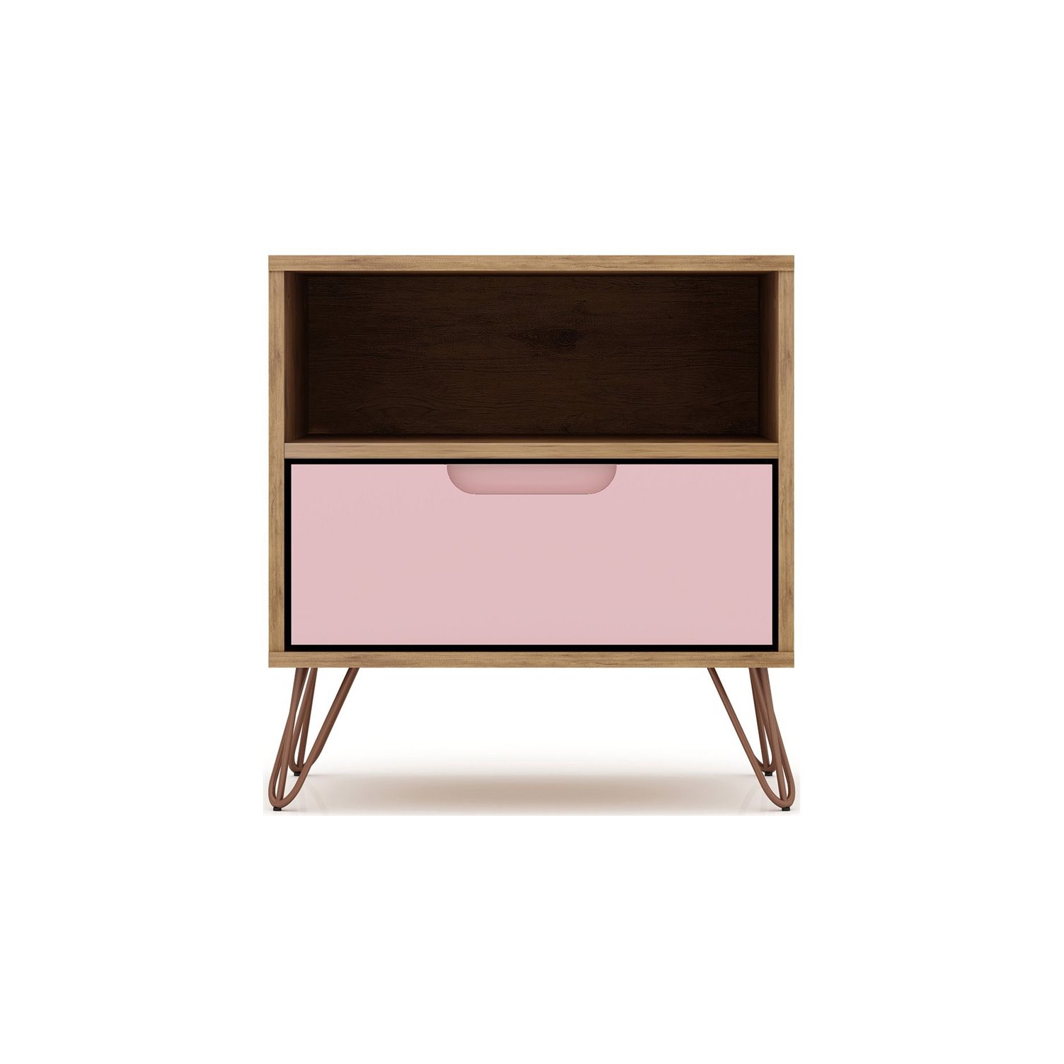 Rockefeller Wood Mid Century Modern Glam Nightstand in Nature & Rose Pink
