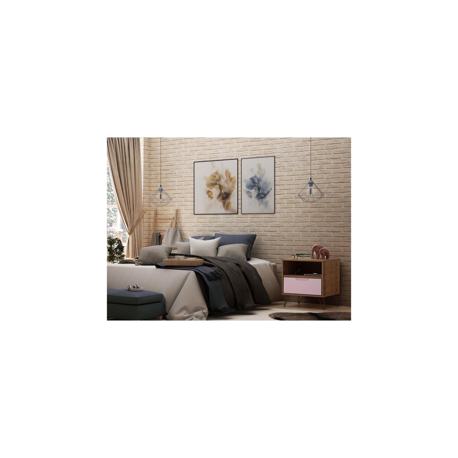 Rockefeller Wood Mid Century Modern Glam Nightstand in Nature & Rose Pink