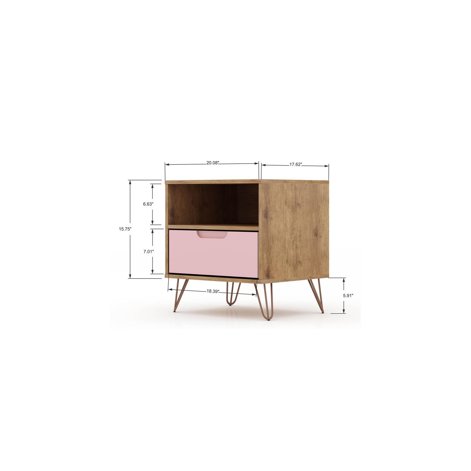 Rockefeller Wood Mid Century Modern Glam Nightstand in Nature & Rose Pink