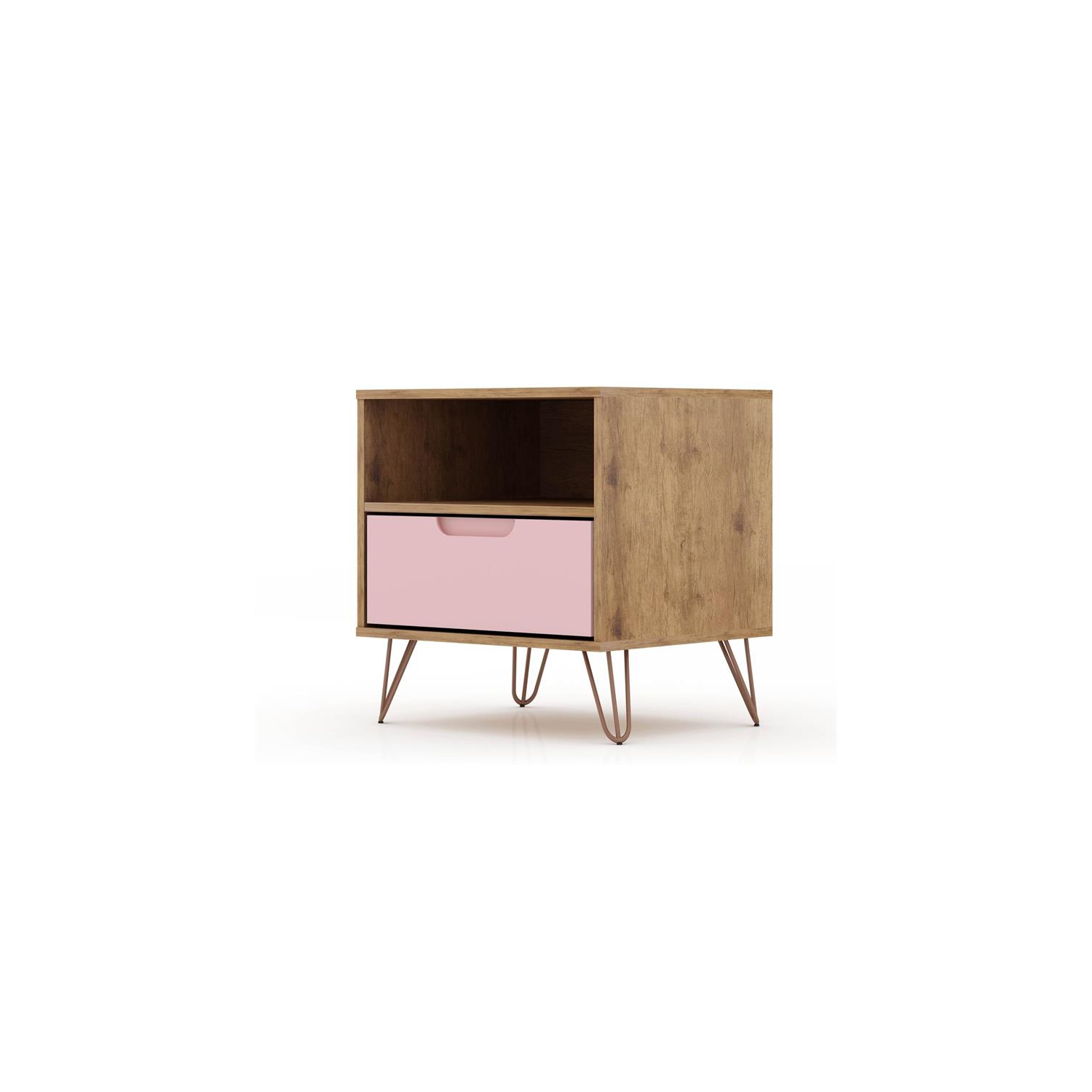 Rockefeller Wood Mid Century Modern Glam Nightstand in Nature & Rose Pink