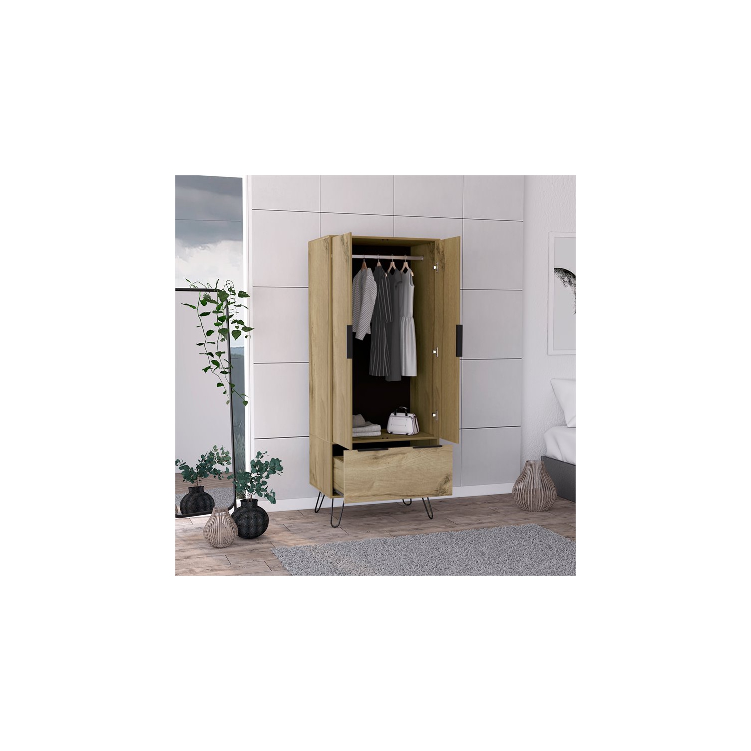 Atlin Designs Wood Closet with 2 Door Cabinets & One Drawer in Light Oak