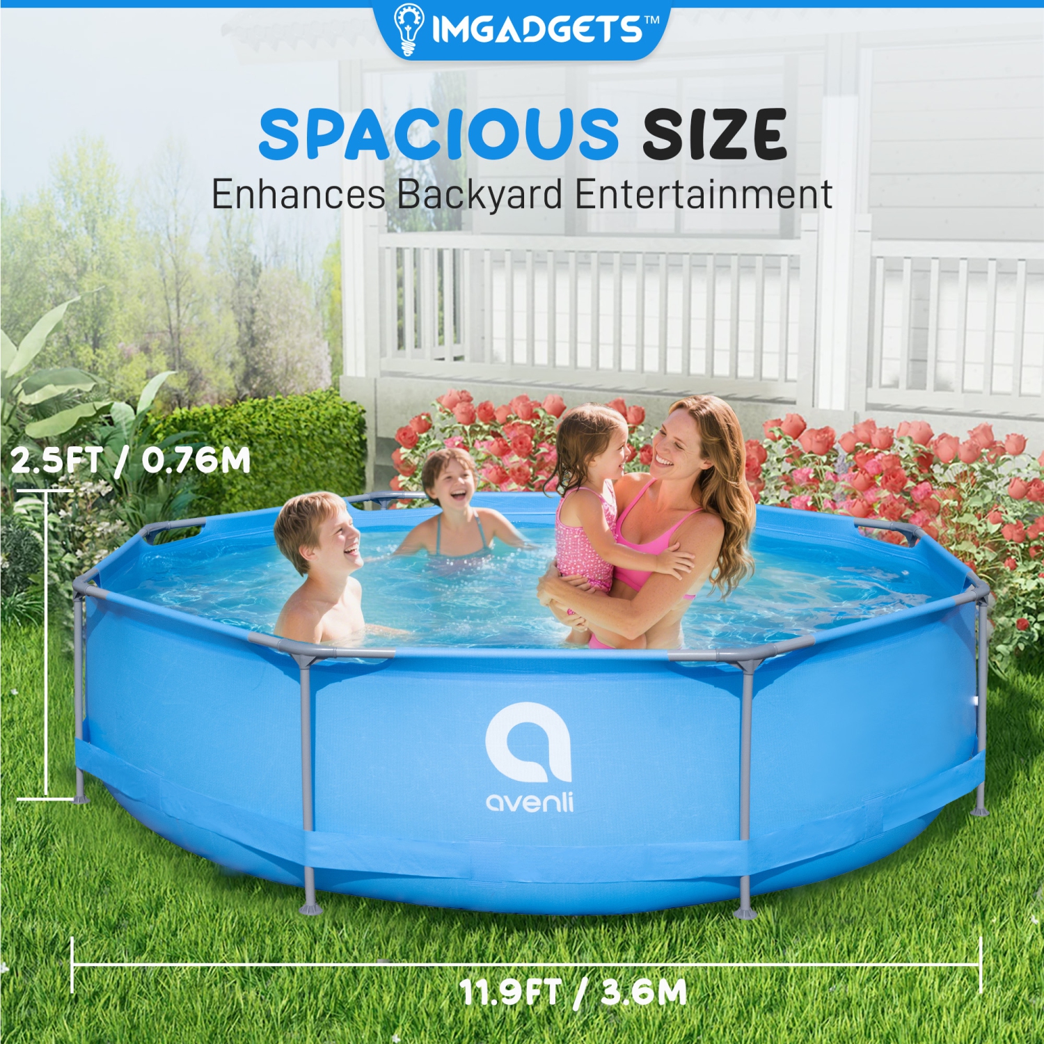 Piscine hors terre à cadre en métal profond AVENLI 11.9&nbsp;pi x 2.5&nbsp;pi | Piscine extérieure gonflable pour enfants et adultes