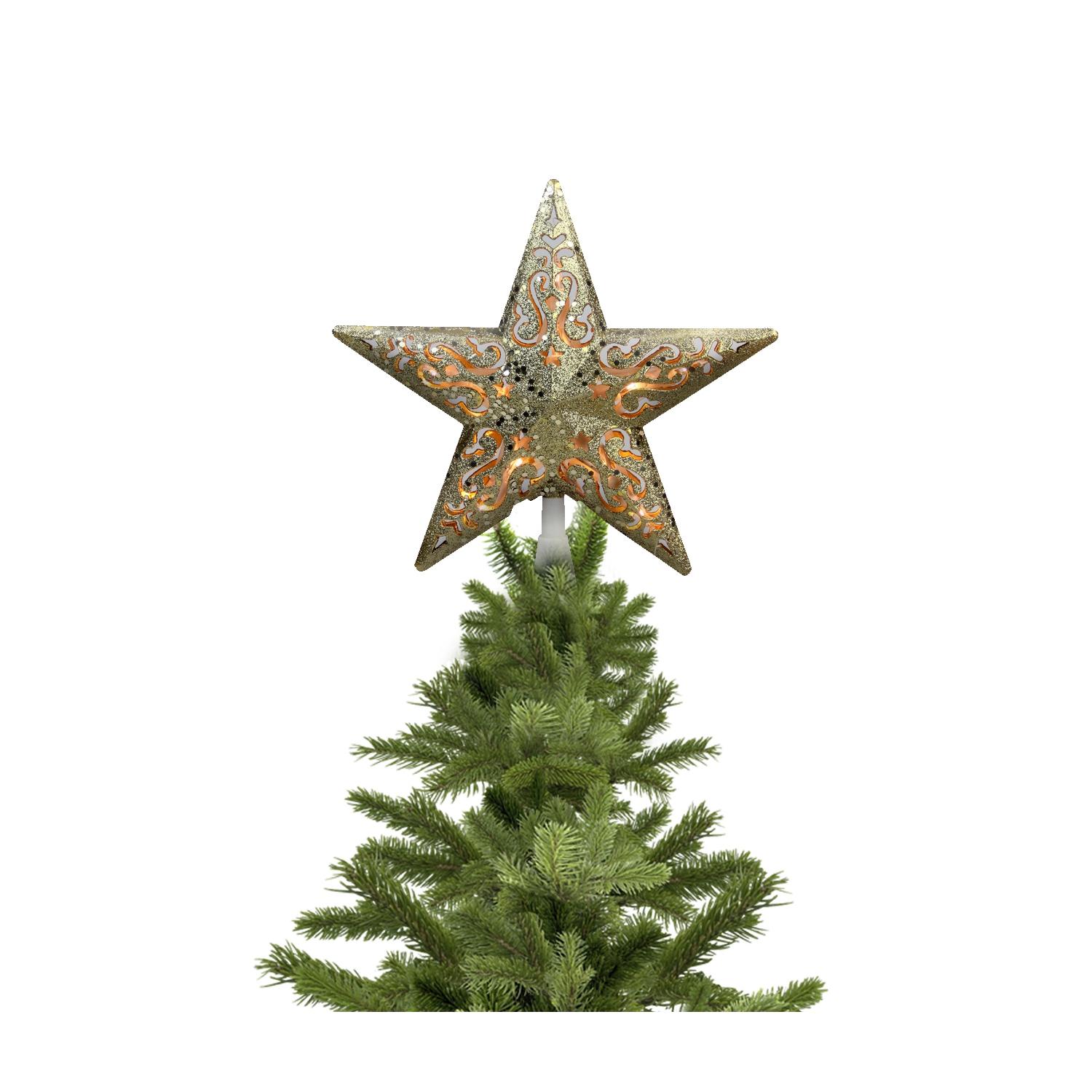 8.5" Gold Glitter Star Christmas Tree Topper - Clear Lights