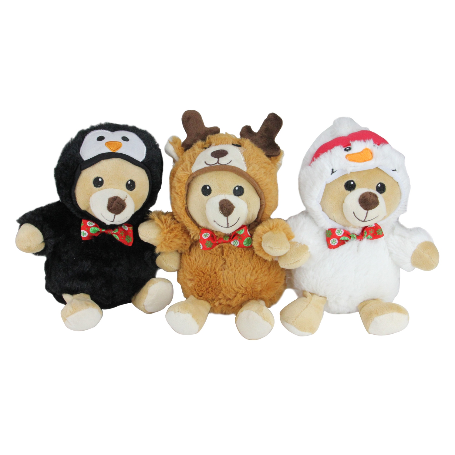 Set of 3 Brown and Black Teddy Bear Stuffed Animal Figures in Christmas Costumes 8"