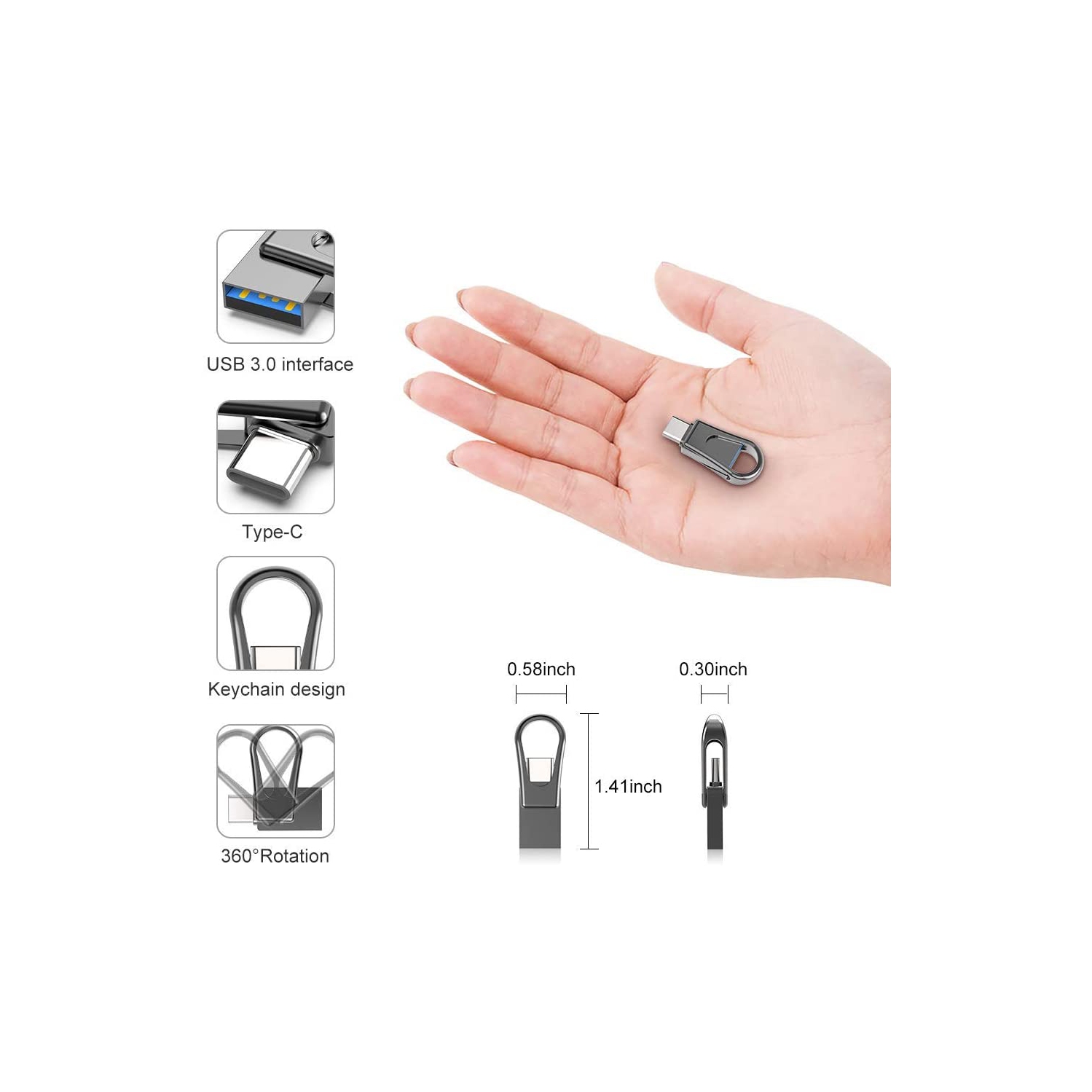 Flash Drive 32GB Dual USB C USB 3.0 OTG with Keychain Hole USB Flash Drive for Laptop PC PDA Smartphones Tablet Samsung