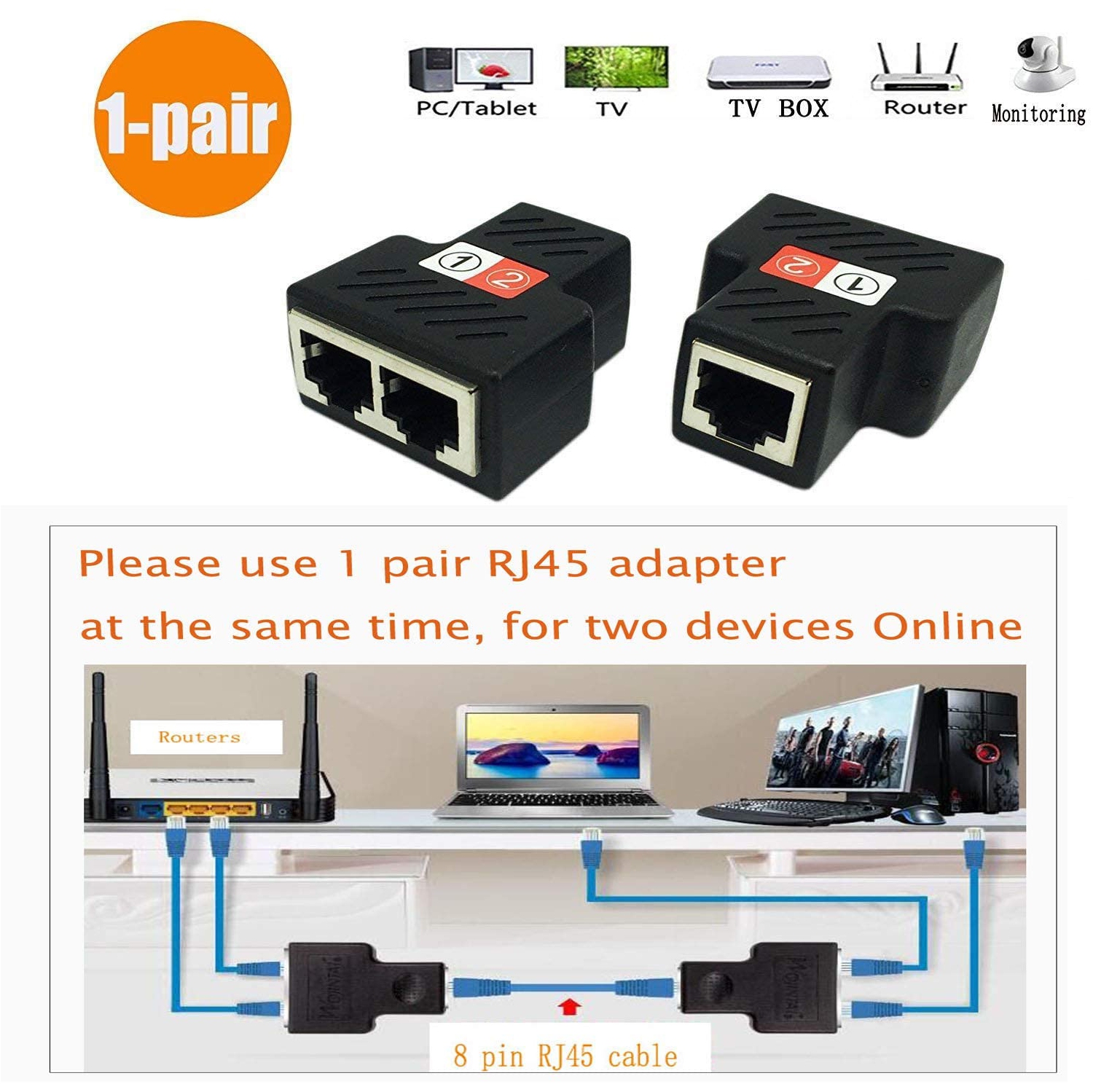 1 paire) – Adaptateur répartiteur RJ45, répartiteur de câble Ethernet Cat5,  Cat5e, Cat6, Cat7, connecteur de rallonge réseau RJ45