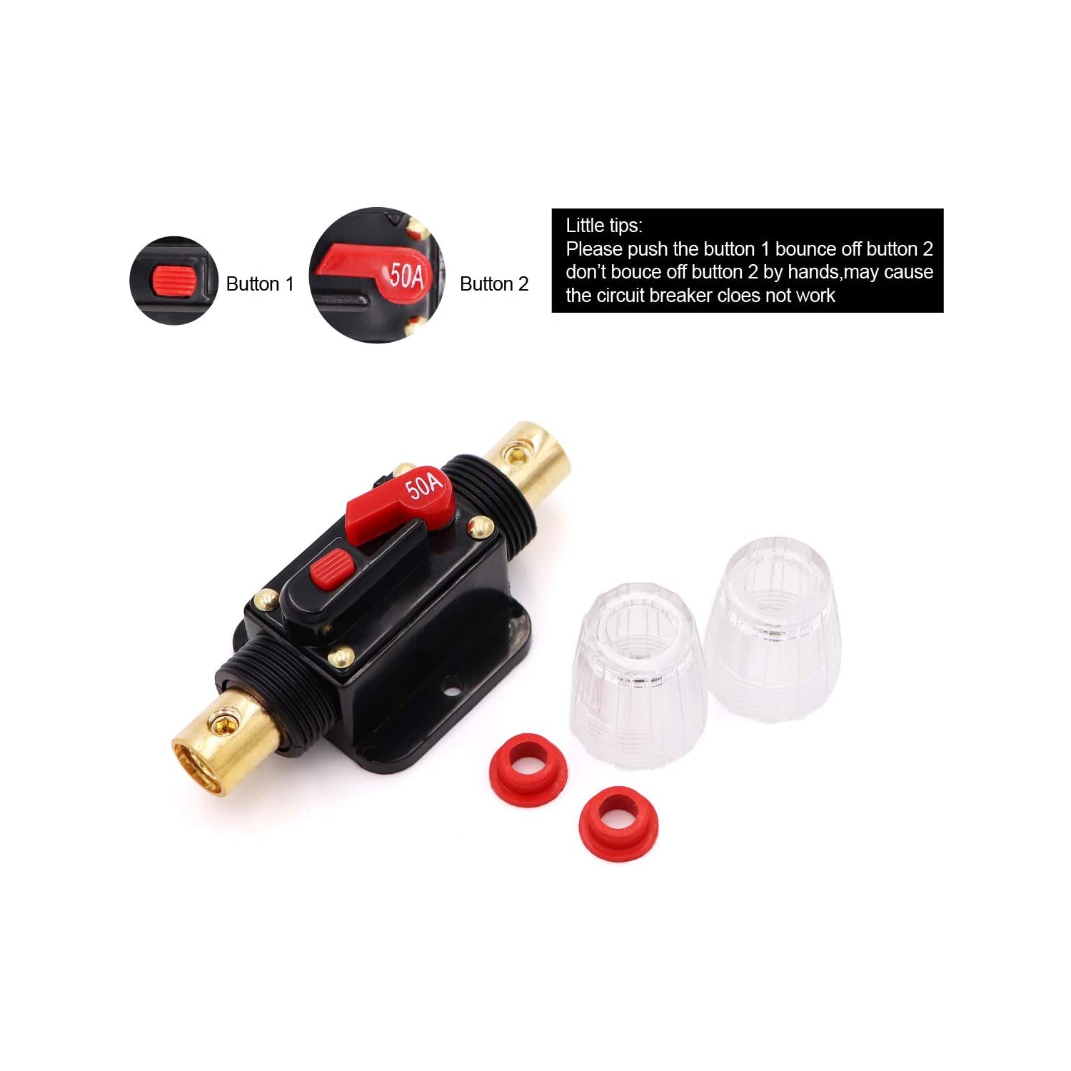 50AMP 50A DC 12V-24V Car Stereo Audio Circuit Breaker with Manual Reset Inline Fuse Holder and Battery Cable Ends
