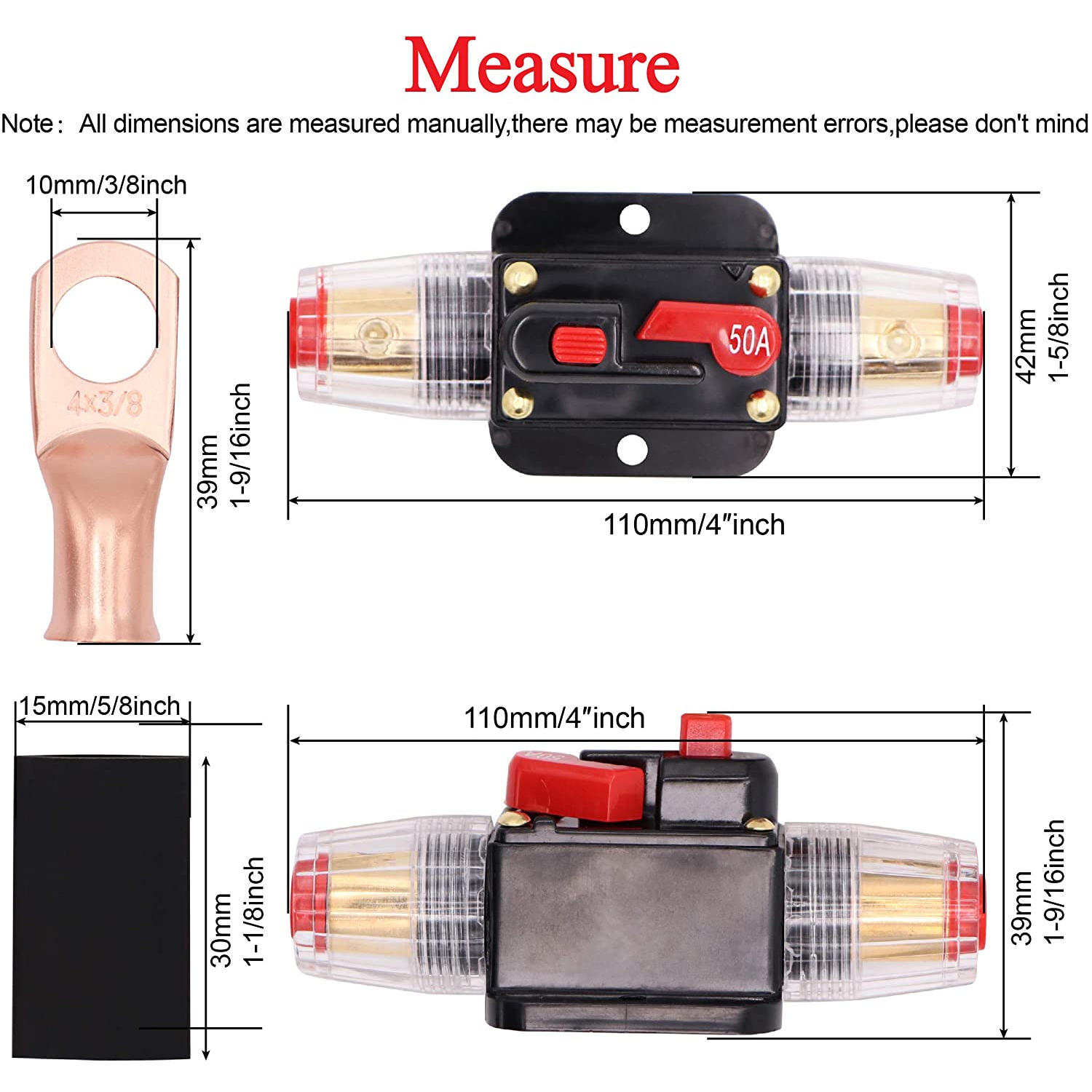 50AMP 50A DC 12V-24V Car Stereo Audio Circuit Breaker with Manual Reset Inline Fuse Holder and Battery Cable Ends