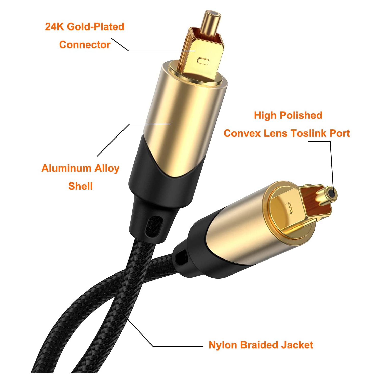 25 pi de câble audio numérique SPDIF Toslink mâle à Toslink mâle, câble en fibre tressée avec métal