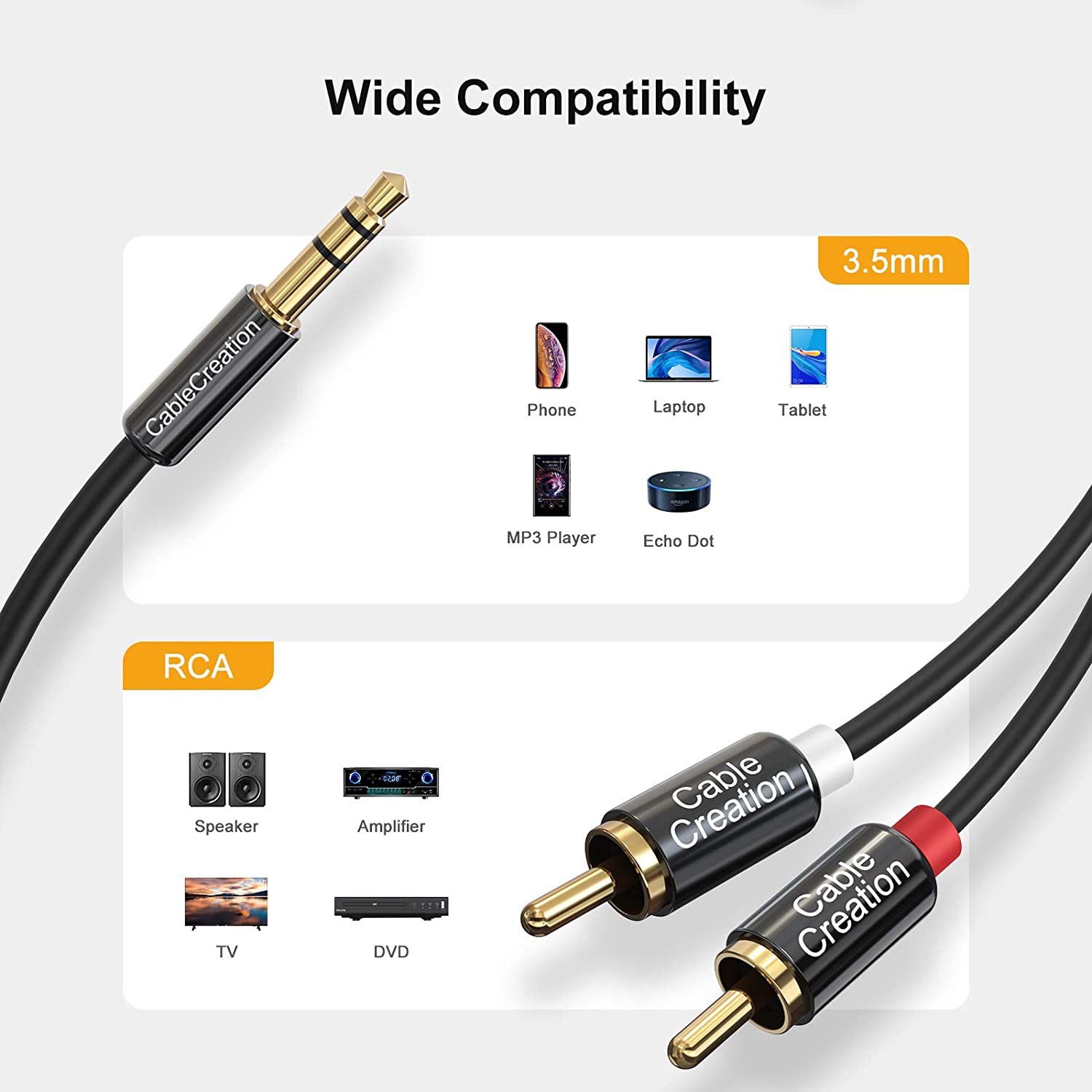 16.5 Feet RCA Audio Cable 3.5mm Male to 2-Male RCA Cable, Y Splitter Design Stereo Audio RCA Male Cable