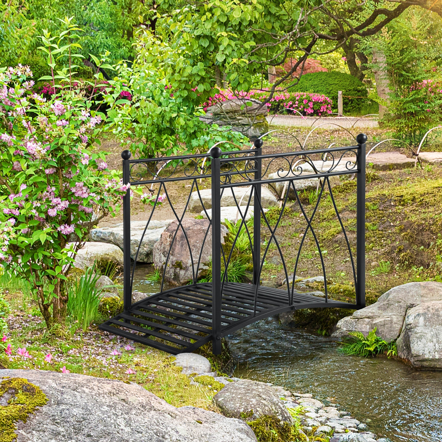 Outsunny – pont de jardin classique de 3,3 pi avec rampes de sécurité, pont décoratif pour bassin aux pieds Arc pour ruisseau d’extérieur, noir